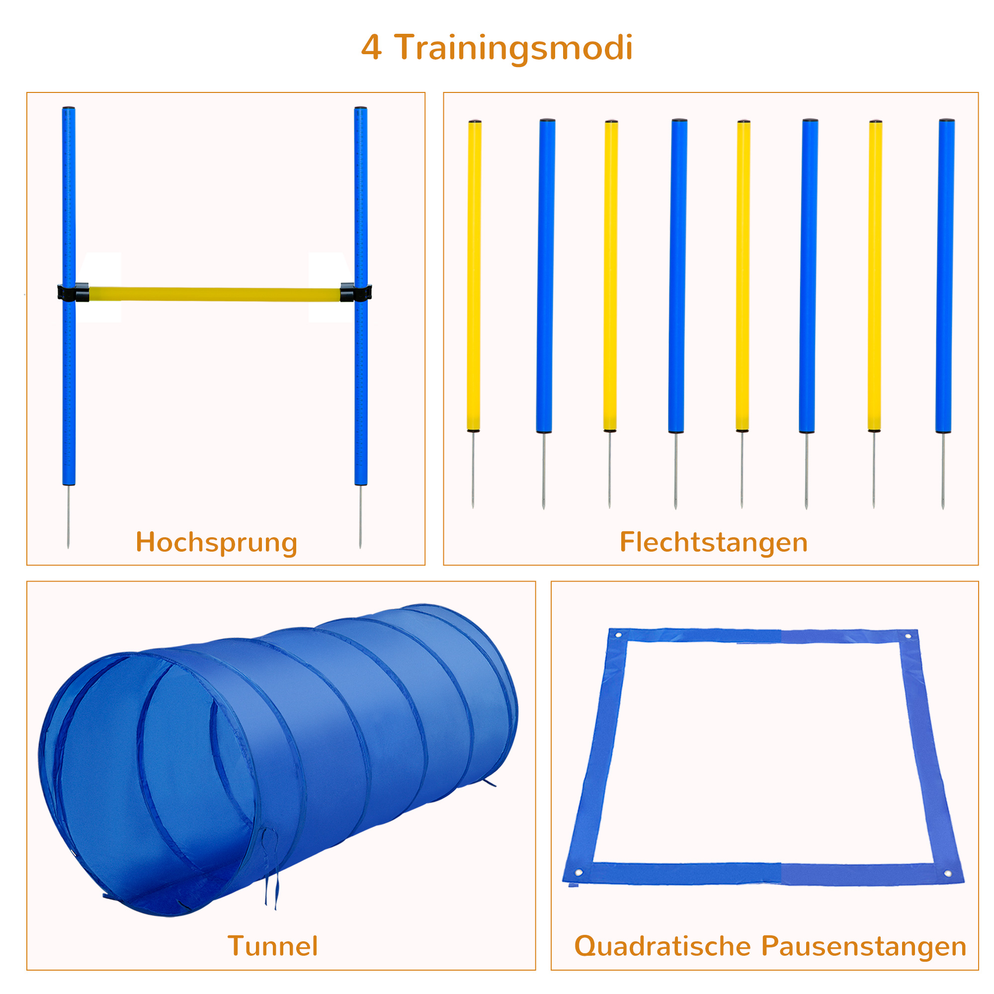Agility-Übungs-Set Slalom-Hürden-Tunnel Hundesport Trainingsplatz PE+Polyester Blau+Gelb