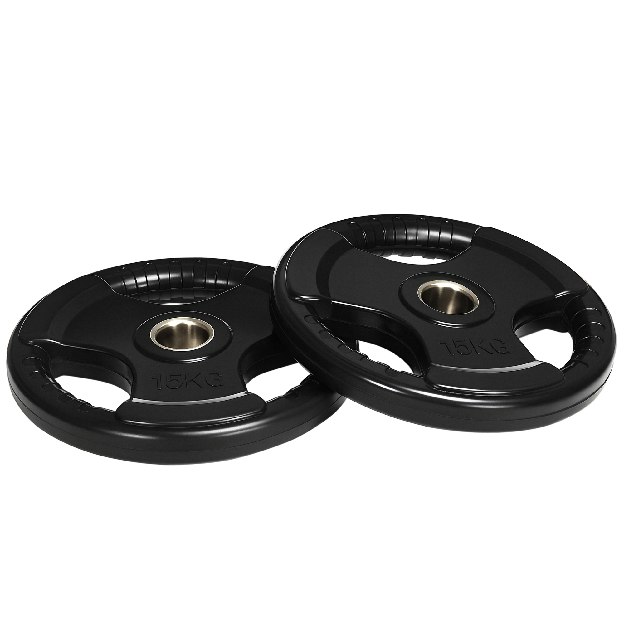 Hantelscheibe, 2er-Set, 15 kg pro Scheibe, drei Griffe, bodenschonender Gummimantel, Metall Hantelscheibe, 2er-Set, 15 kg pro Scheibe, drei Griffe, bodenschonender Gummimantel, Metall