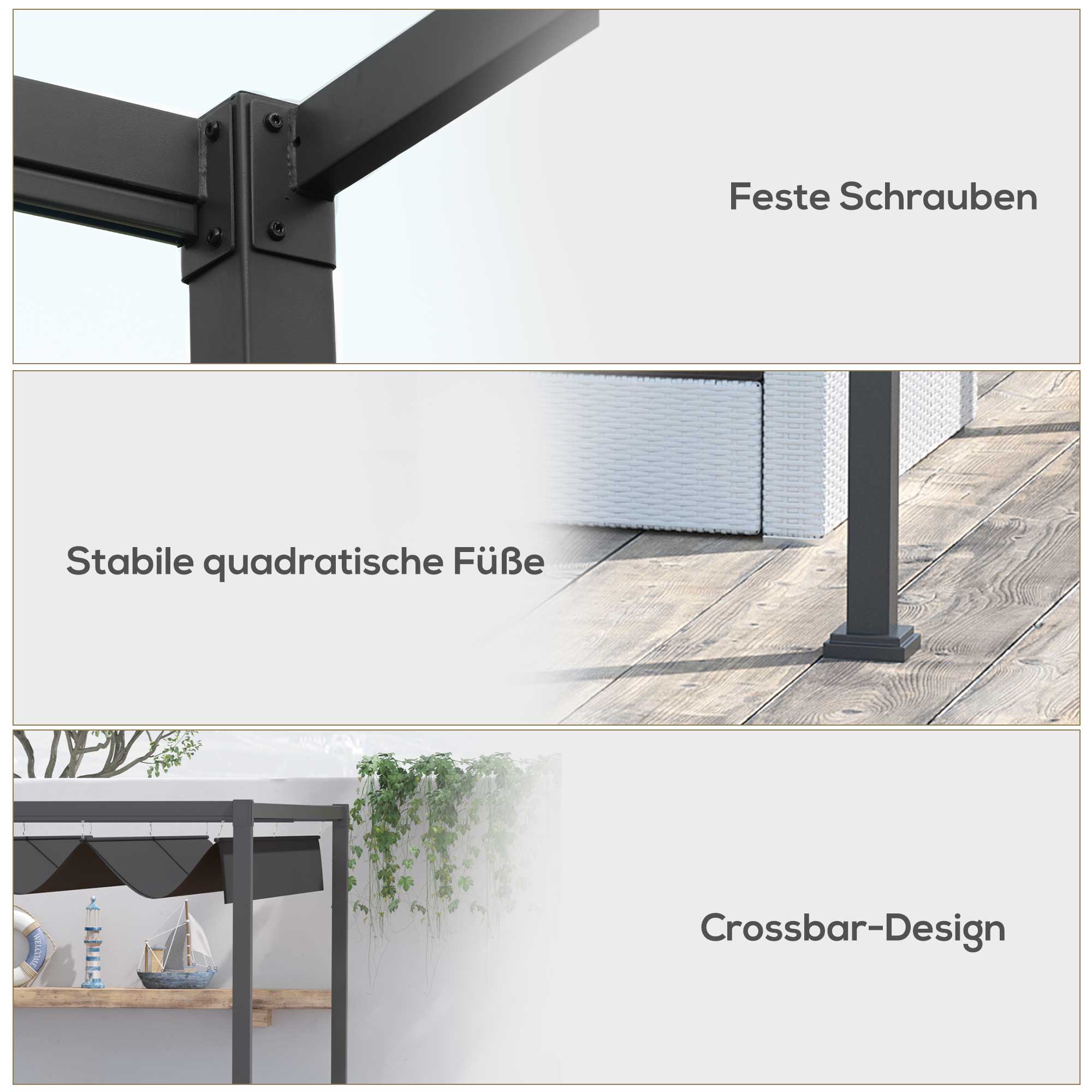 Pergola ca. 3x2m Garten Pavillon Terrassendachung Metall Freistehender Gartenpavillon mit Verstellbares Dach, UV Schutz, Sonnenschutz für Terrasse und Garten, Schwarz+Grau