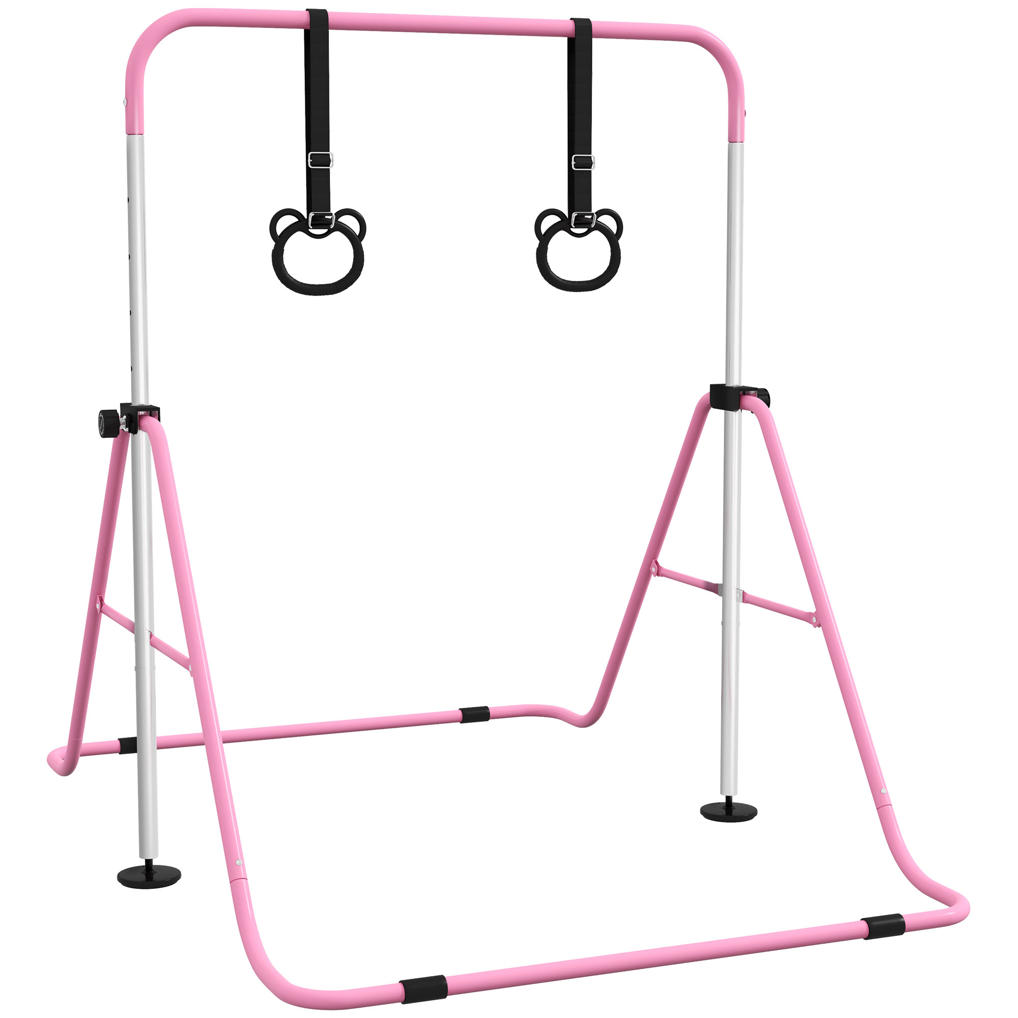 Kinder-Turnbarren mit Ringen, höhenverstellbar, klappbar, rutschfest, Stahlrahmen, 148x105x88-128 cm, Pink Kinder-Turnbarren mit Ringen, höhenverstellbar, klappbar, rutschfest, Stahlrahmen, 148x105x88-128 cm, Pink