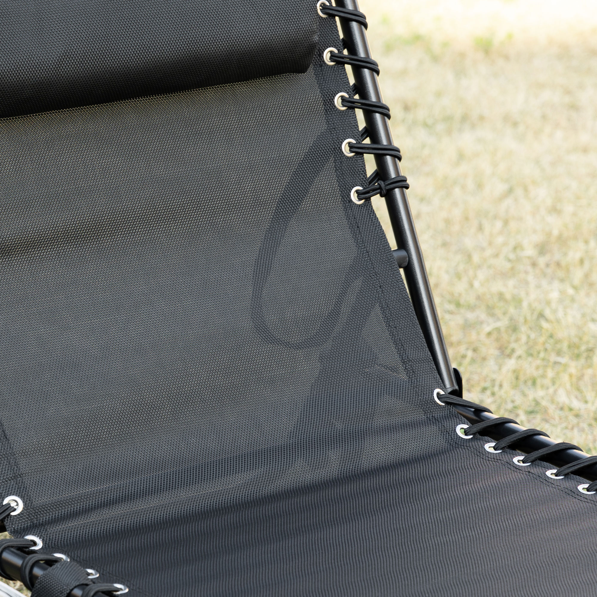 Liegestuhl, Zusammenklappbare Liege mit Nackenkissen, Stahlrahmen, Netzstoffbezug, 120 kg Belastbarkeit, Schwarz