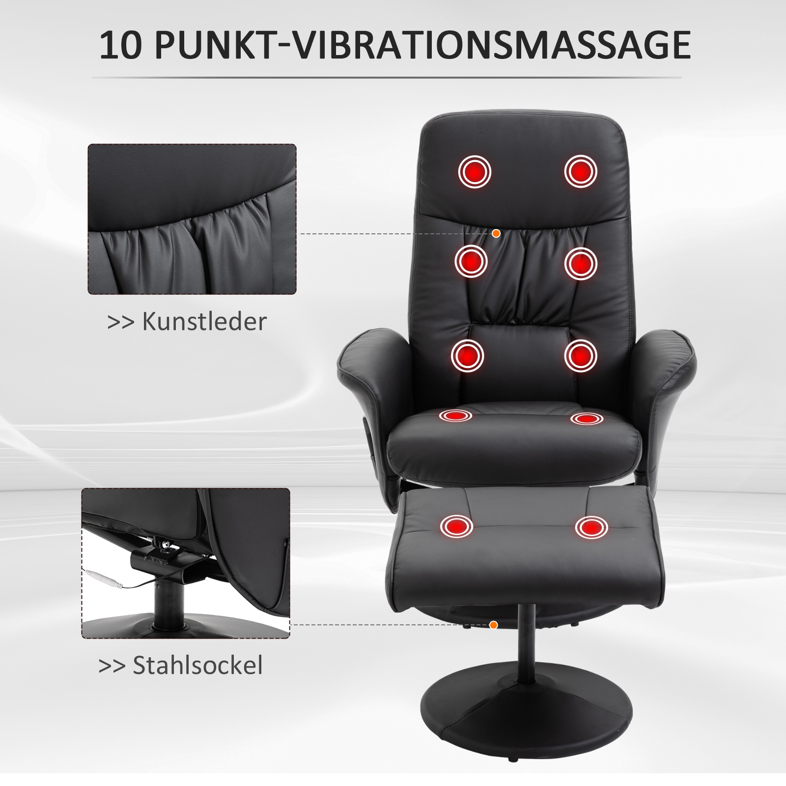 Relaxsessel mit Fußhocker, Massagesessel mit Liegefunktion, 10 Massagepunkte, Drehbarer Fernsehsessel mit Seitentasche, Fernbedienung, Kunstleder, Schwarz