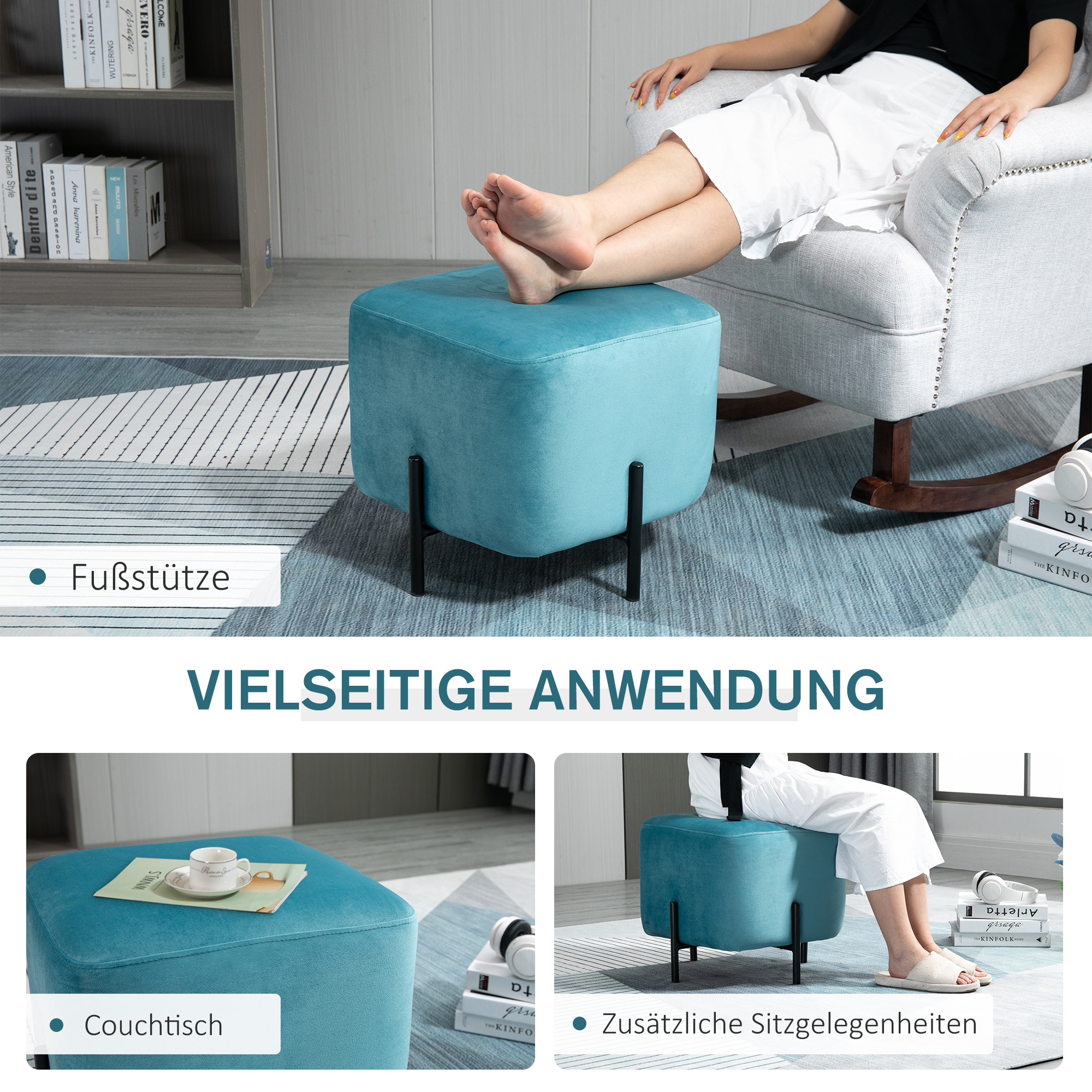 Fußhocker Fußstütze gepolstert Polyester Stahl Schaumstoff Türkis 44,5 x 44,5 x 41,5 cm