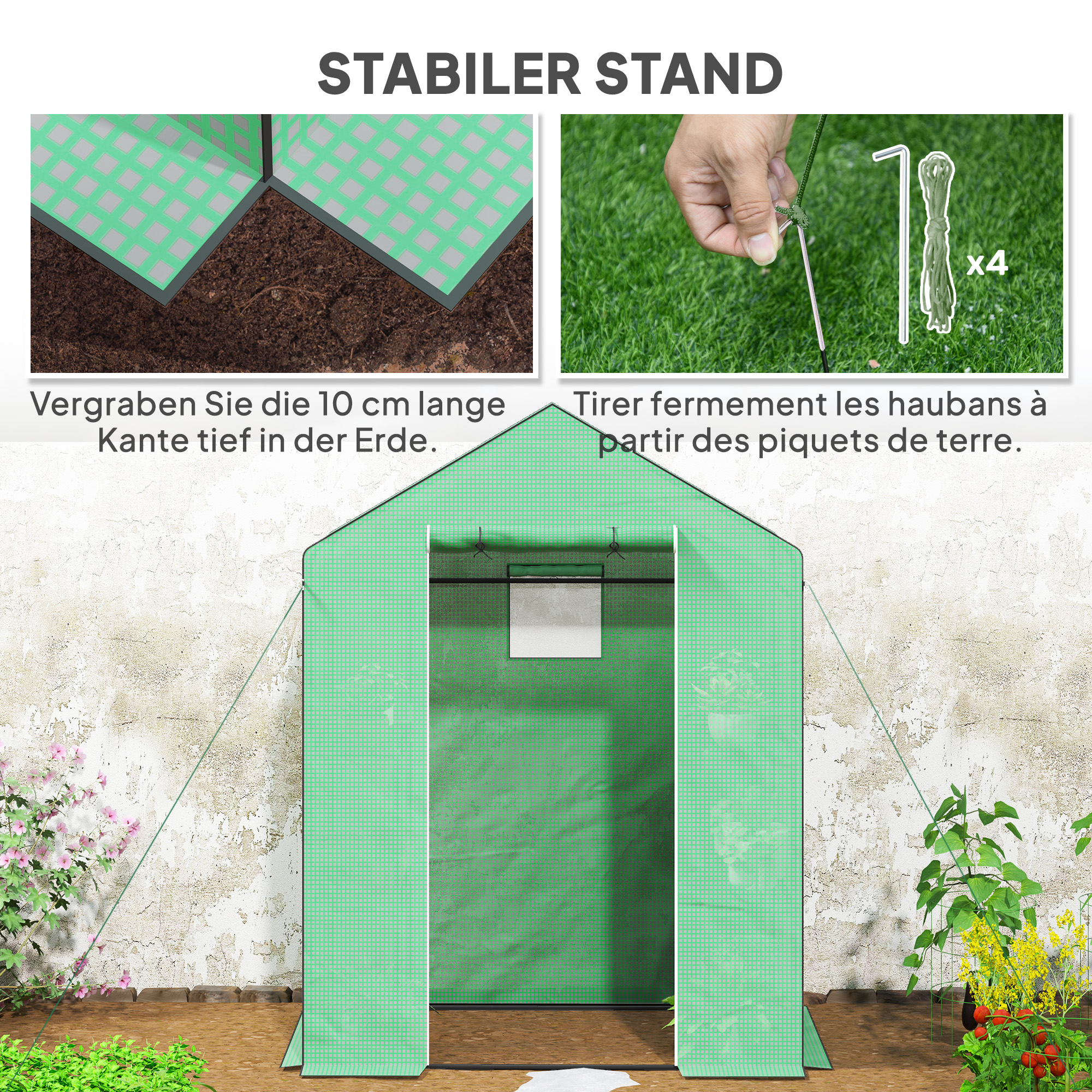 Gewächshaus mit Regalen, Mini-Treibhaus, UV-beständig, Netzfenster, Reißverschlusstür, 143L x 74B x 190H cm, Grün