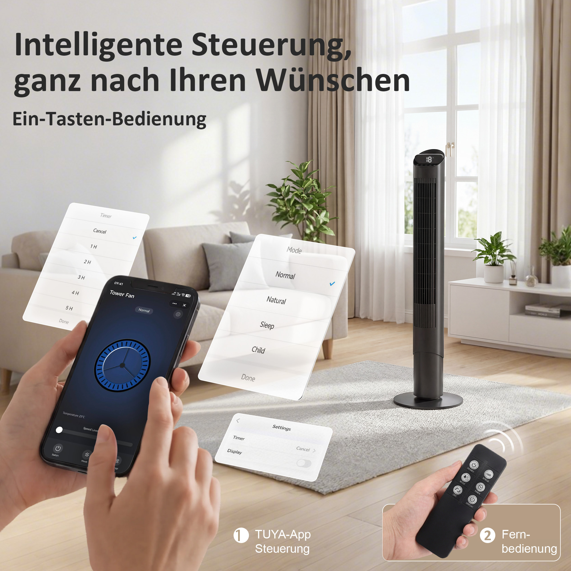 116 cm Turmventilator, Standventilator mit Fernbedienung WiFi App-Steuerung, 65° Oszillation 6 Geschwindigkeiten 4 Modi