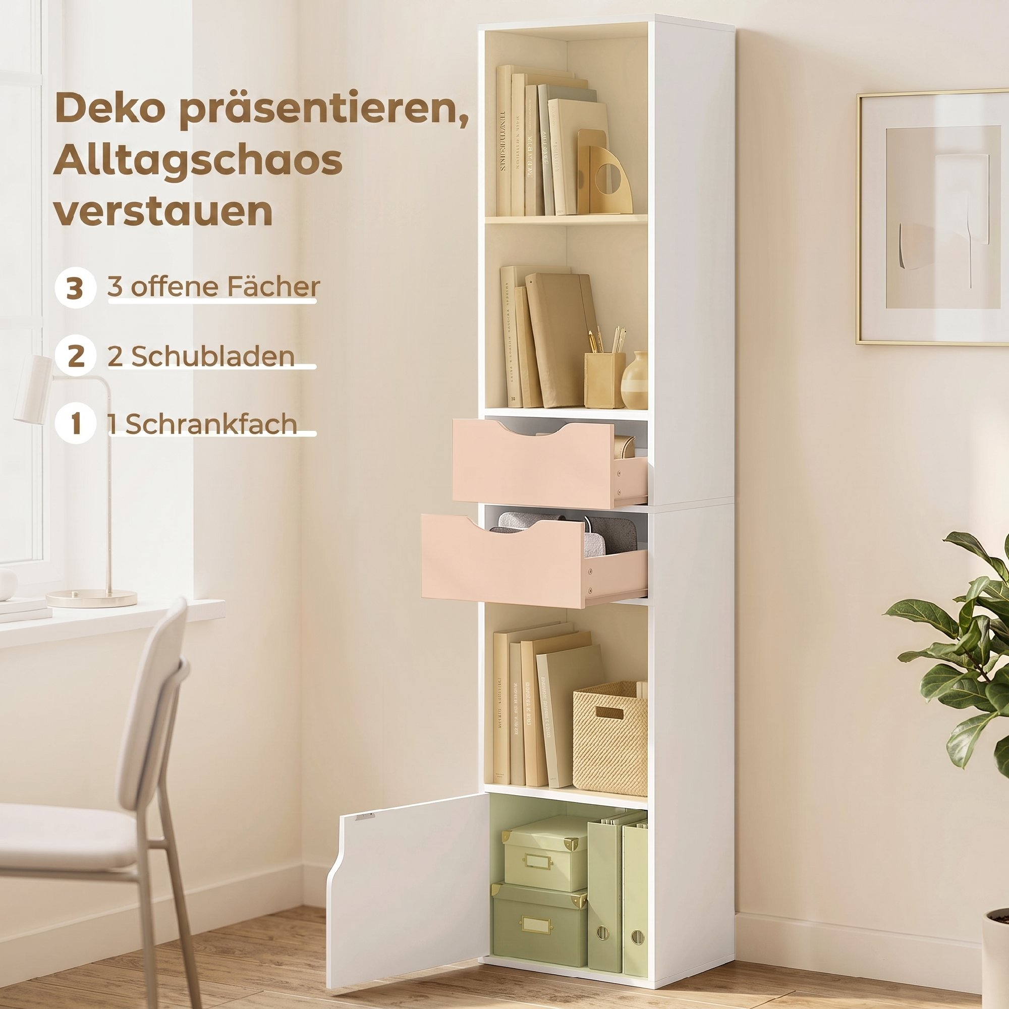 Bücherregal mit 2 Schubladen, Schmaler Bücherschrank mit 3 offenen Regalebenen, für Büro, Schlafzimmer 30x24x158cm Weiß