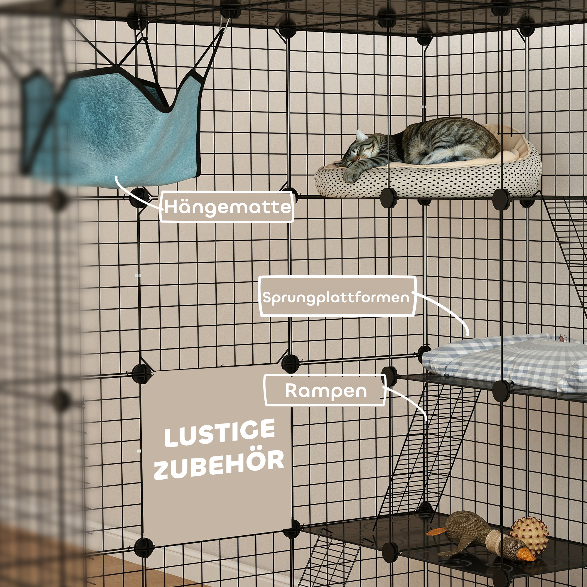 Katzenkäfig für Drinnen 4-stöckig DIY-Katzengehege mit dichtem Metalldraht Hängematte Rampe Türen Sprungplattformen