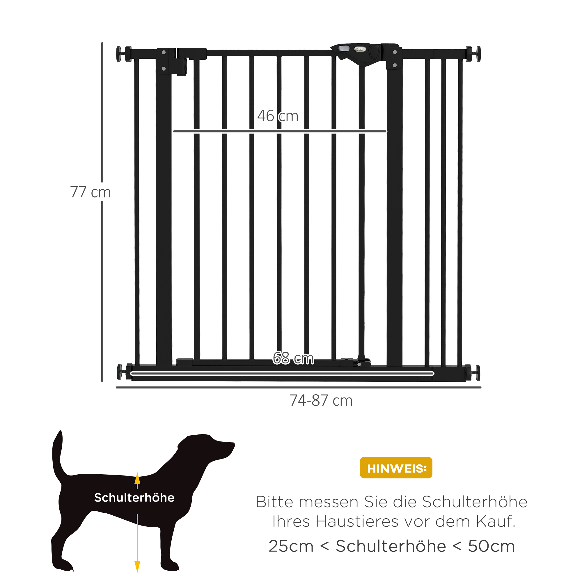 Türschutzgitter für Hunde, Absperrgitter, Schutzgitter für Haustiere, Metall, Kunststoff, 74-87 cm, Schwarz