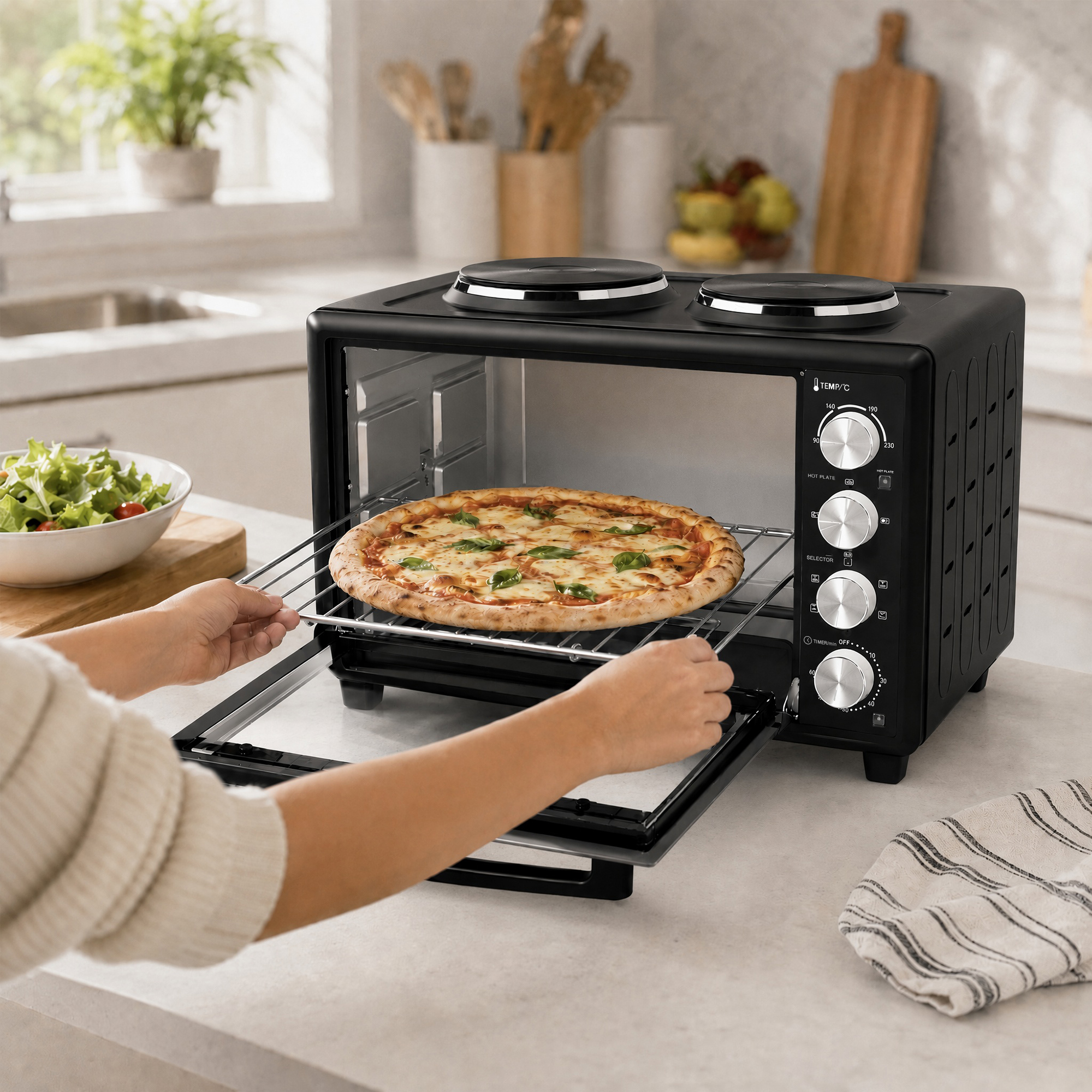 36L Mini-Backofen mit 2 Kochplatten, elektrischer Tischbackofen mit Umluft, 90–230 °C