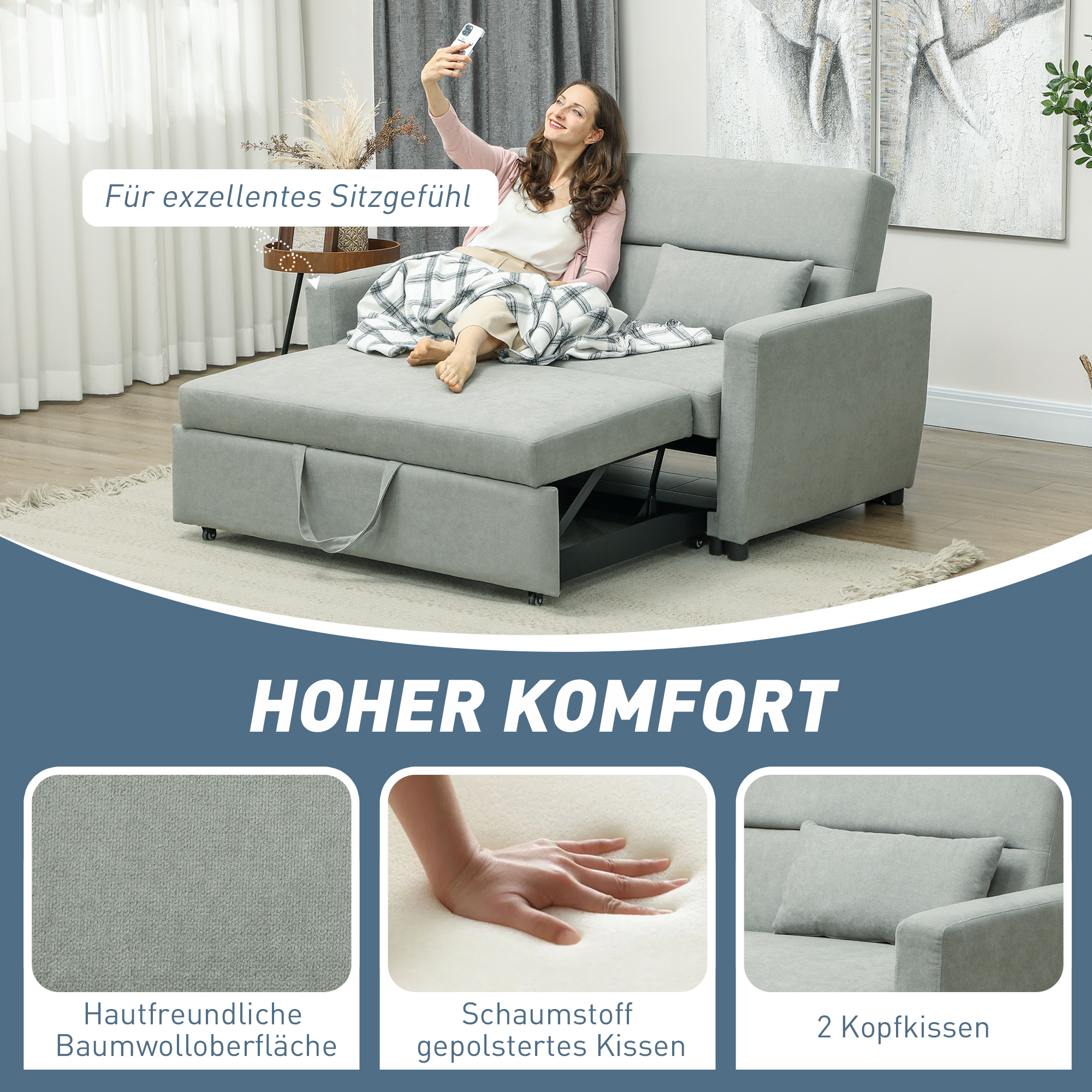 2-Sitzer Sofa mit Bettfunktion, Verstellbarer Rückenlehne, Polstersofa, Samtoptik, für Wohnzimmer, Schlafzimmer, Hellgrau