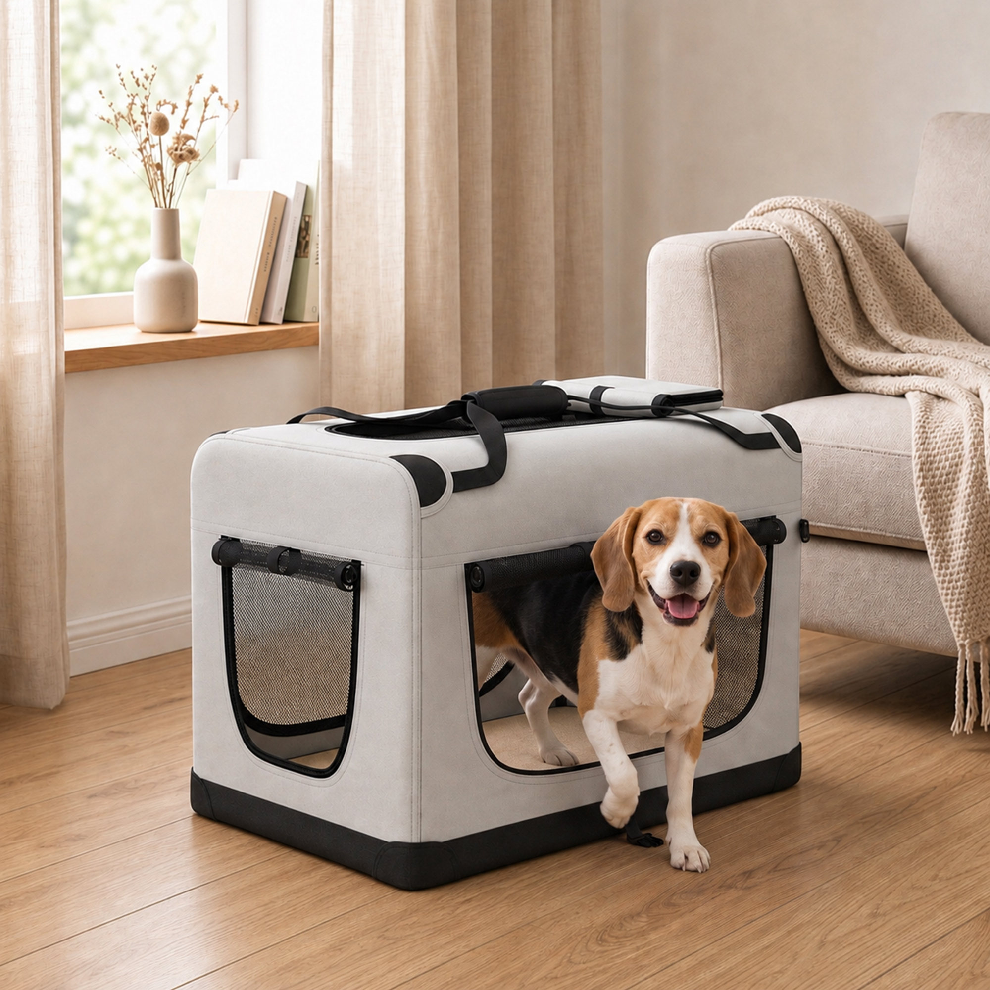 Transporttasche für Haustiere, weichw. Hundetragetasche mit Sicherheitsleine, Kissen und Napf, Hellgrau