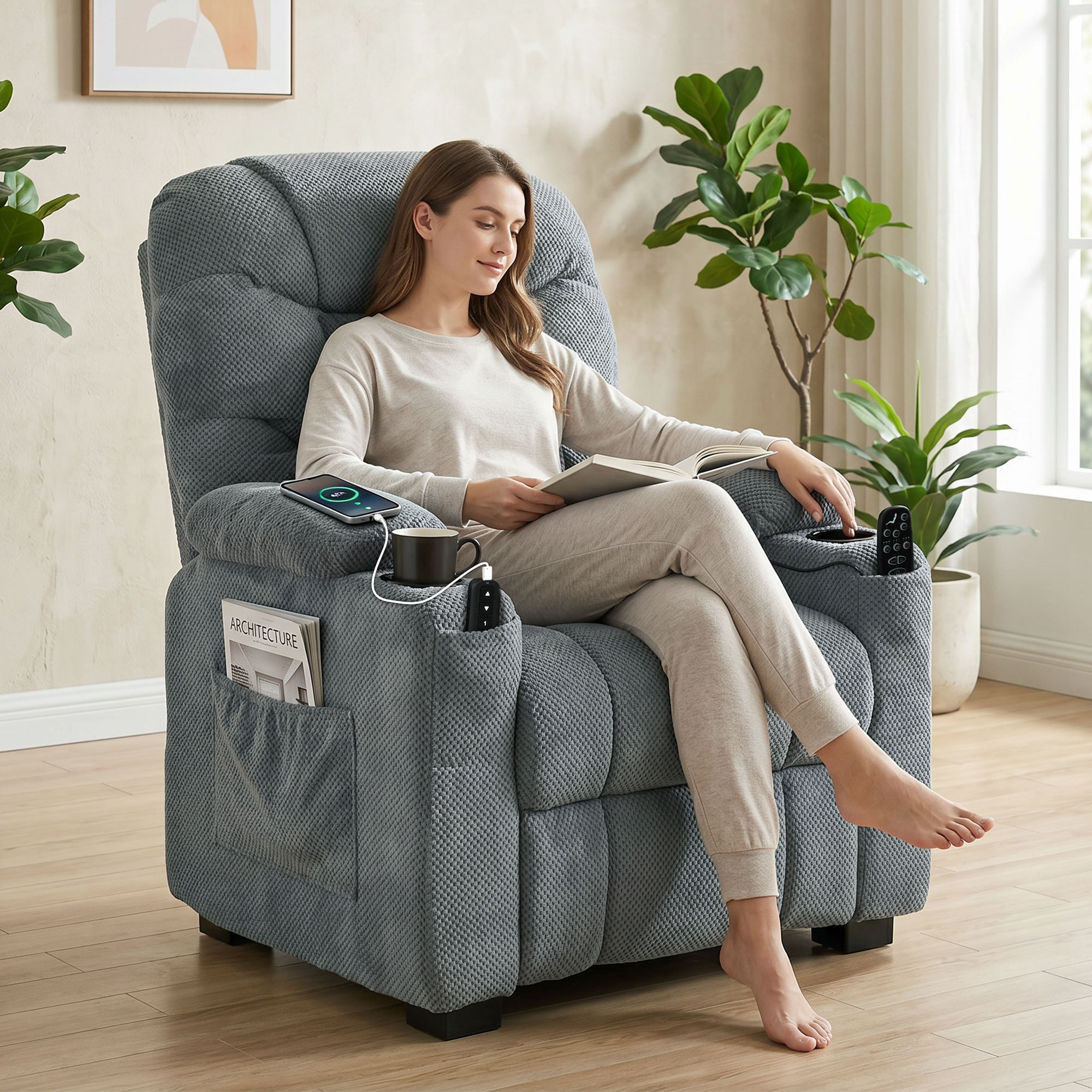 Elektrischer Relaxsessel mit Massage & Wärme, leisem Motor und Memory-Funktion, Dunkelgrau