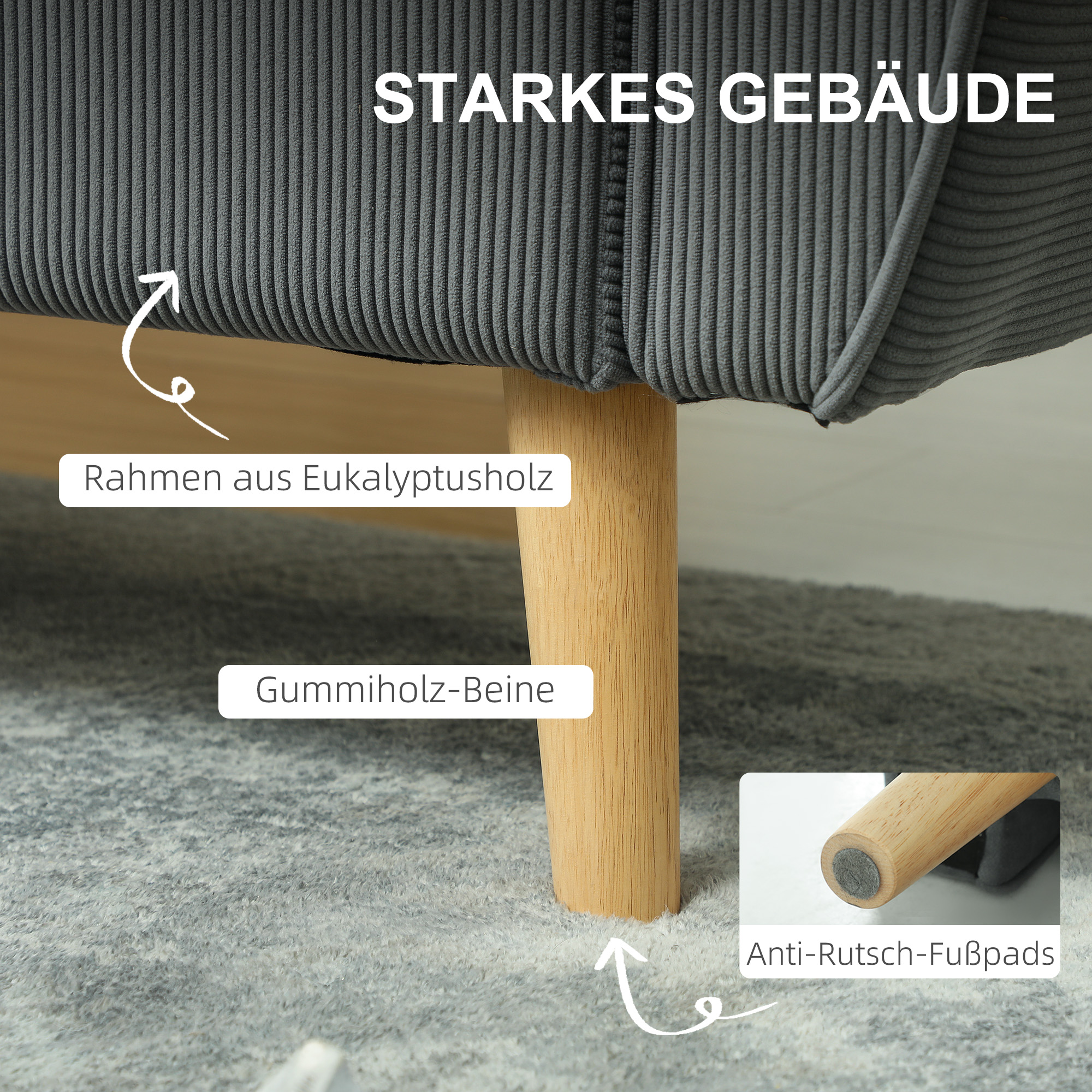 Zweisitzer-Sofa, Stoffcouch, 2 Rückenkissen, Cordbezug, 145 x 75 x 78 cm, Anthrazit