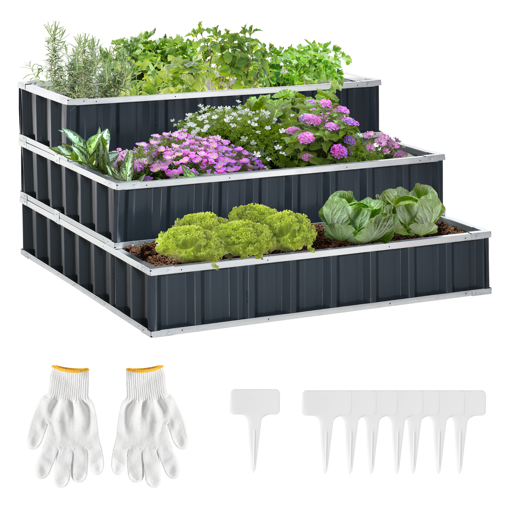 Hochbeet aus Stahl 3-stufige Gartenbeet mit T-Form-Pflanzenschilder Handschuhe Pflanzenbeet Kräuterbeet Blumentreppe für Balkon Garten Dunkelgrau 118 x 118 x 62 cm Hochbeet aus Stahl 3-stufige Gartenbeet mit T-Form-Pflanzenschilder Handschuhe Pflanzenbeet Kräuterbeet Blumentreppe für Balkon Garten Dunkelgrau 118 x 118 x 62 cm