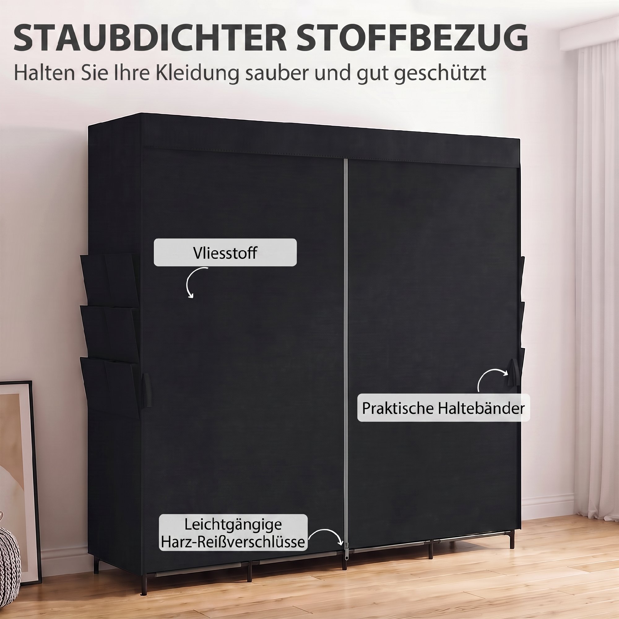 Stoff-Kleiderschrank, staubdicht, tragbar, 5 Kleiderstangen, 170 x 45 x 167 cm, Schwarz
