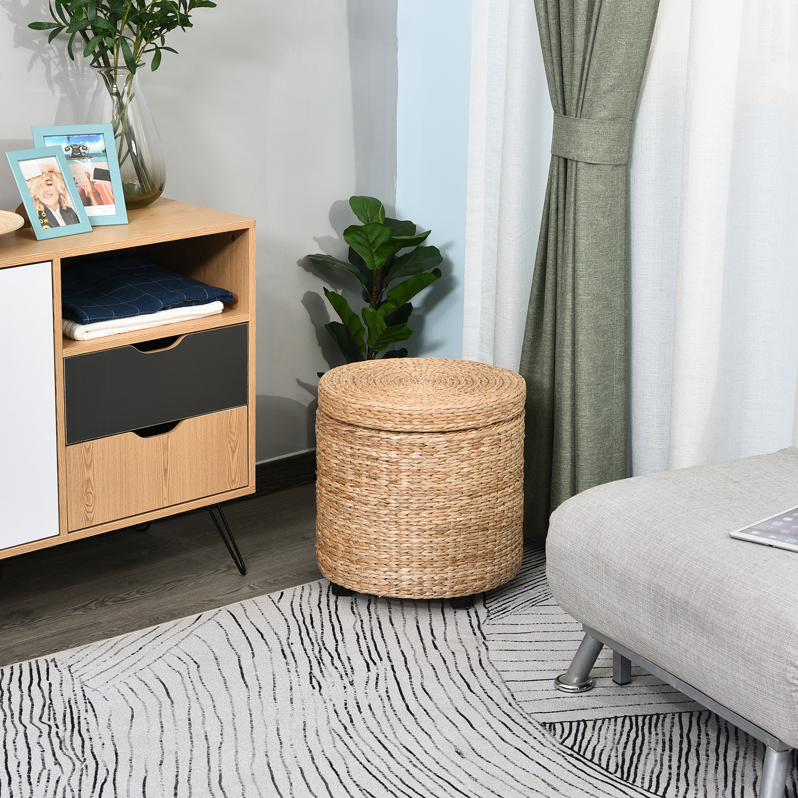 Sitzhocker mit Stauraum Hocker mit Deckel, Runder Fußhocker Sitzwürfel Aufbewahrungsbox Polsterhocker mit Beine, 43 x 43 x 43 cm Khaki