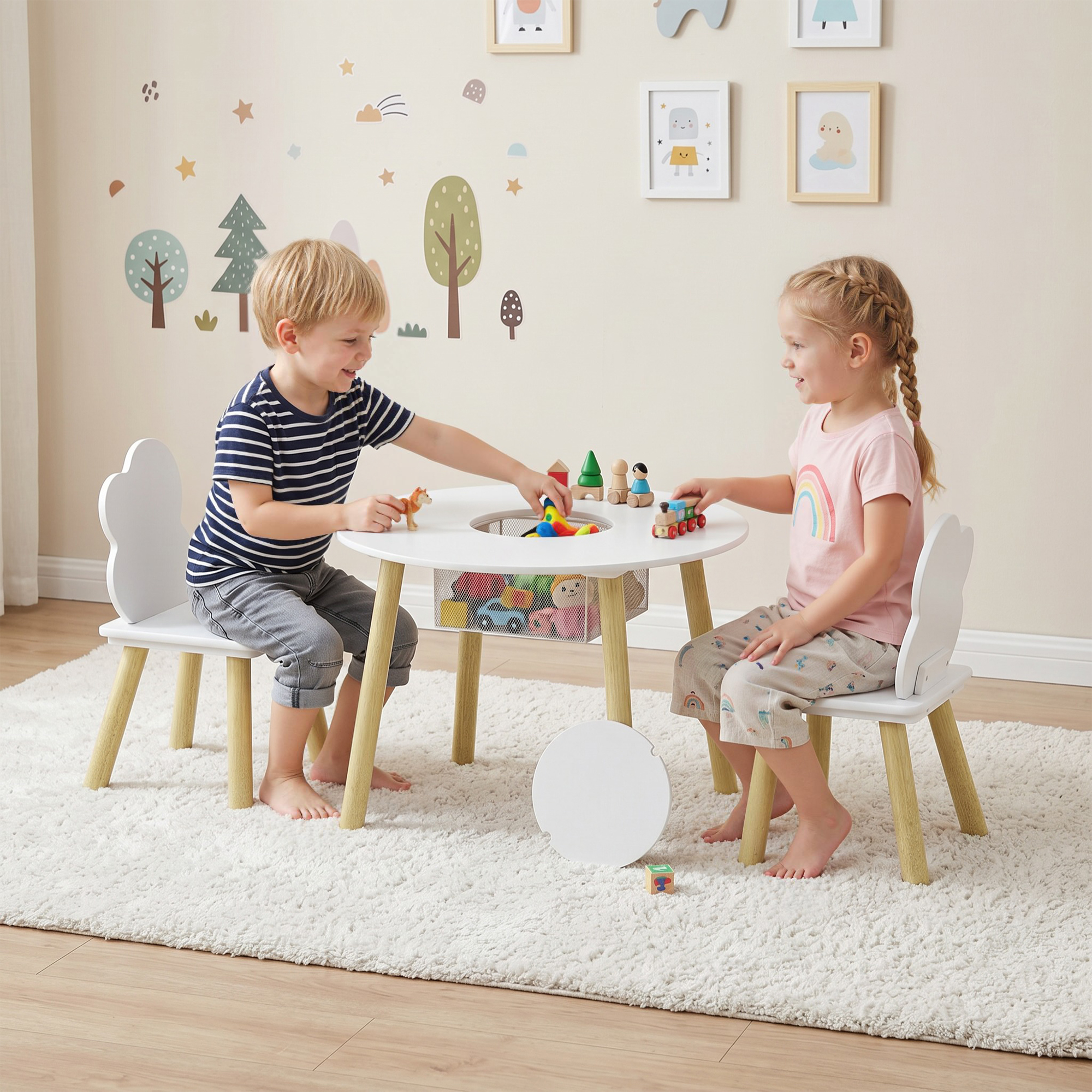 Kindertisch mit Stühlen und Aufbewahrung, 3-teiliges Kinder-Möbelset in Weiß und Natur für Spielzimmer und Kinderzimmer