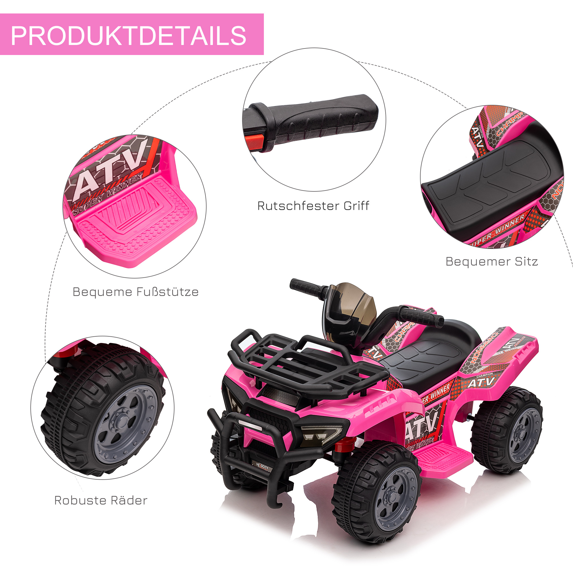 Kinder Quad Elektro 6V Kinderquad mit Vorwärtsfunktion, Musik, Elektro-Quad für Kinder 1,5-3 Jahre Rosa