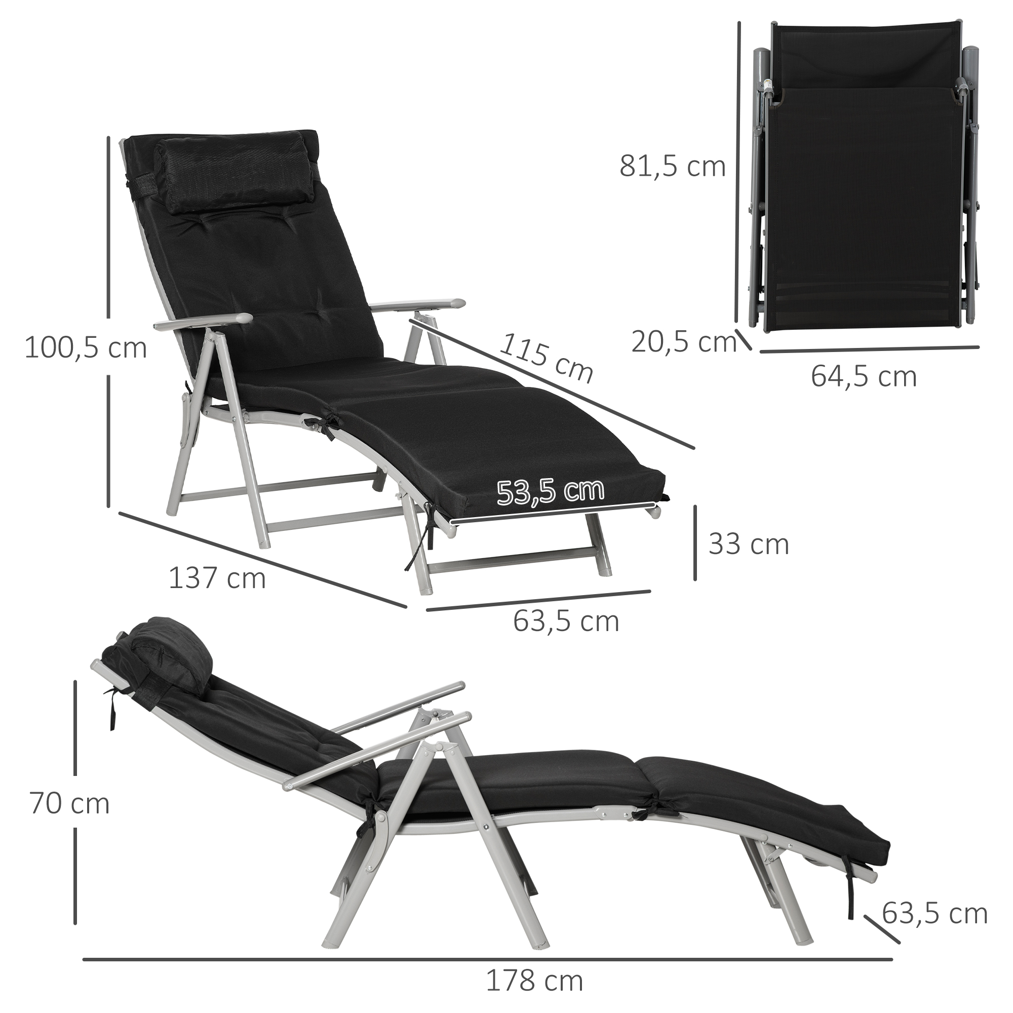 Sonnenliege klappbar Strandliege mit Kopfkissen Sitzkissen Liegestuhl mit 7-Fach verstellbare Rückenlehne Gartenliege Relaxliege bis 165 kg belastbar, für Garten Urlaub Outdoor, Schwarz