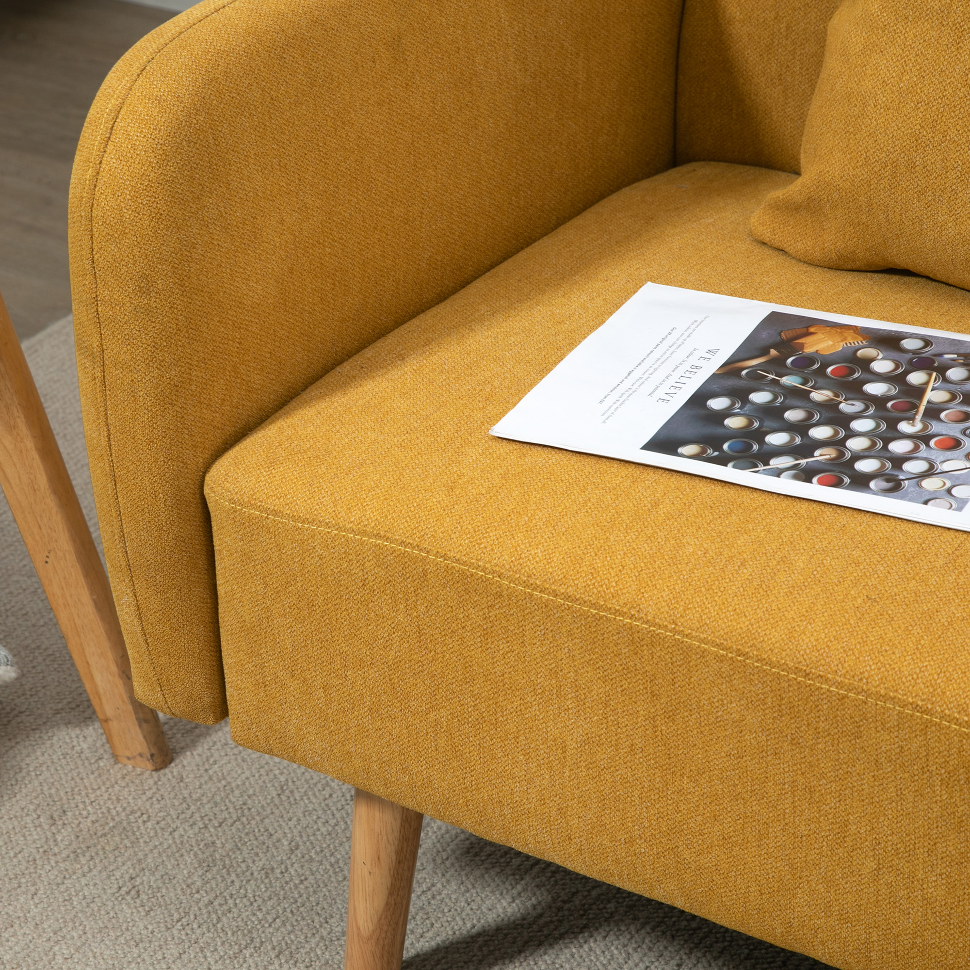 Sofa 2 Sitzer Couch mit 2 Wurfkissen, Kleine Loveseat mit Samtopik Modern Polstersofa für Wohnzimmer, Schlafzimmer, kleinen Raum, Gelb 130 x 70 x 80 cm