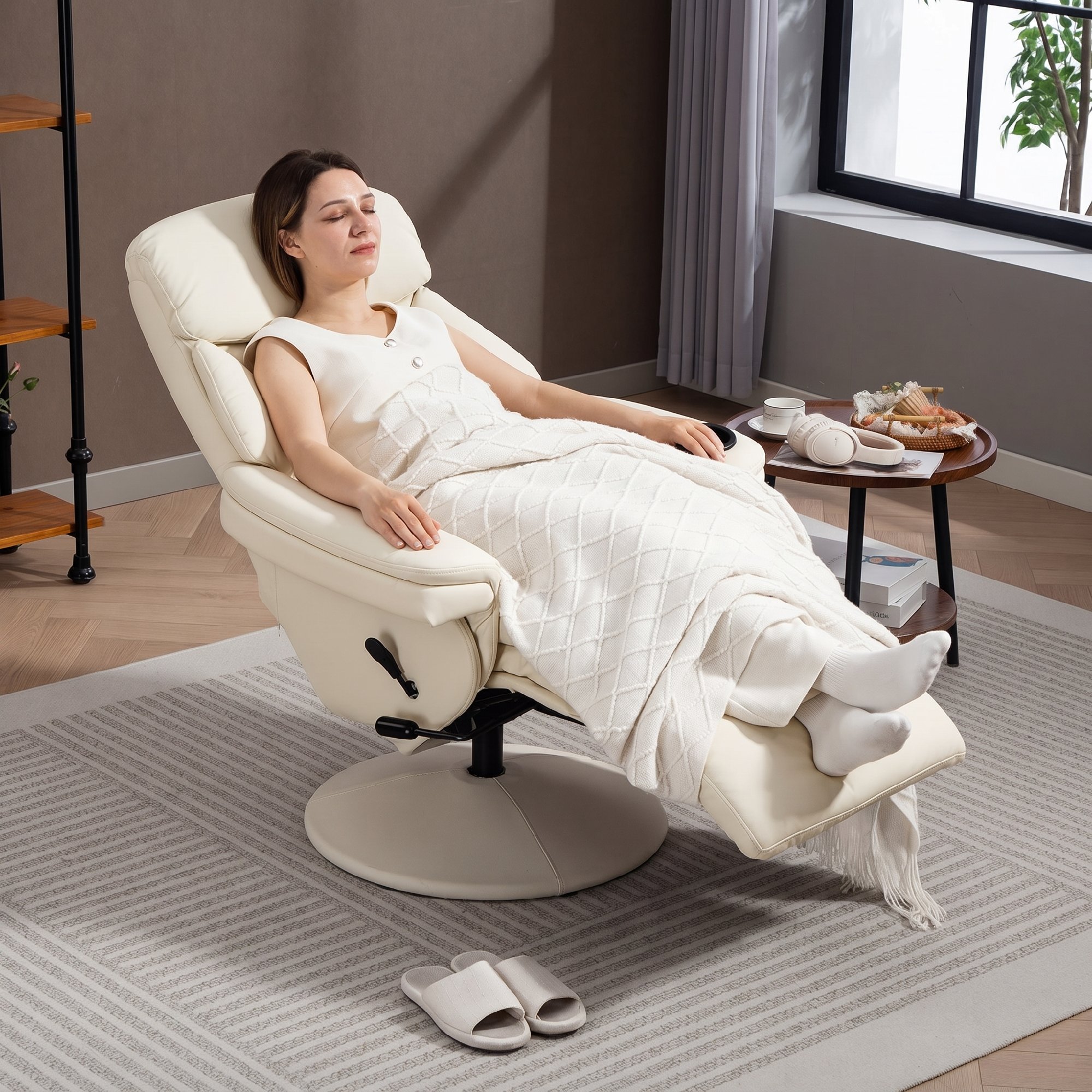 Relaxsessel mit Liegefunktion Fernsehsessel mit Seitentasche, Becherhalter für Wohnzimmer Schlafzimmer Creme