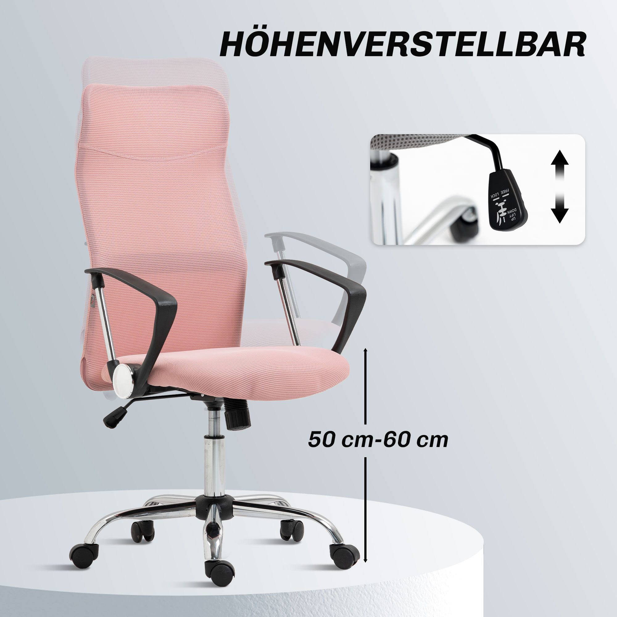 ergonomischer Bürostuhl, höhenverstellbarer Drehstuhl mit Wippfunktion, Netzbespannung, 63 x 65 x 109-119 cm Rosa