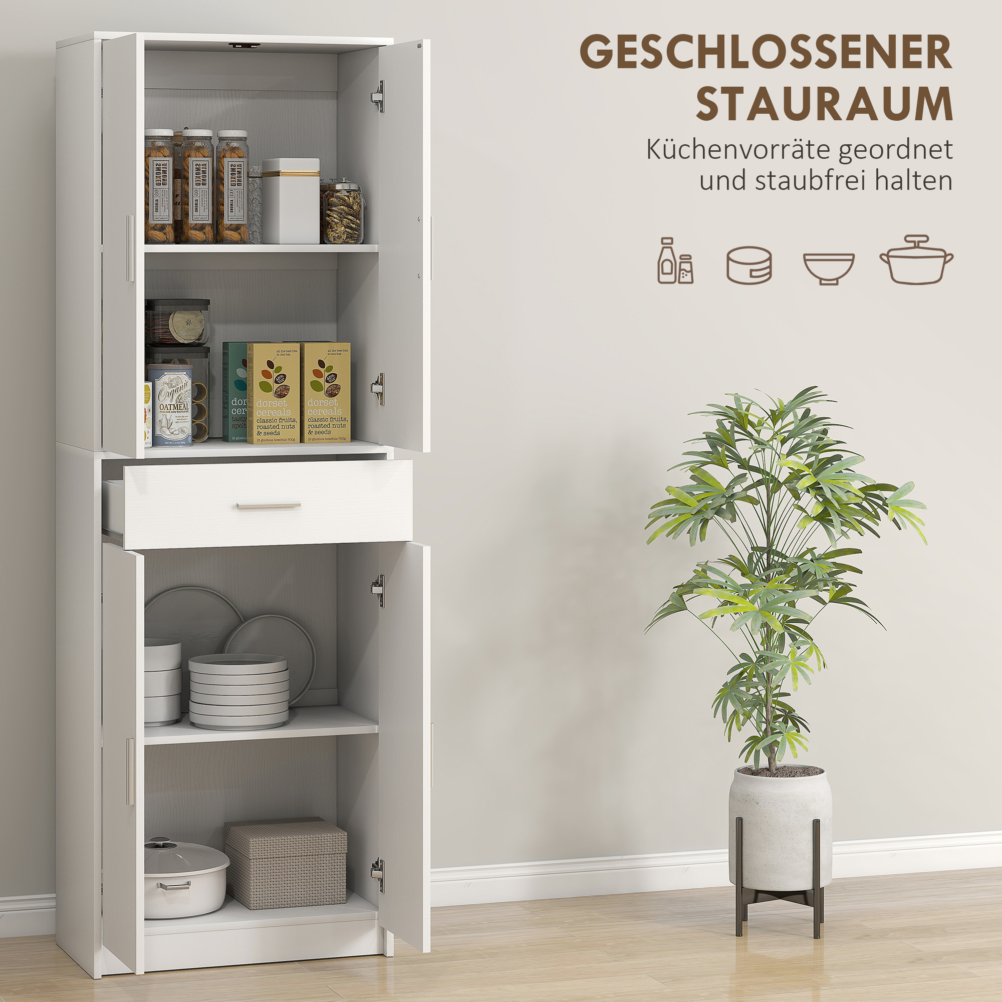 Küchenschrank, 3-stufig verstellbare Regale, Spanplatten, MDF, viel Stauraum, Weiß