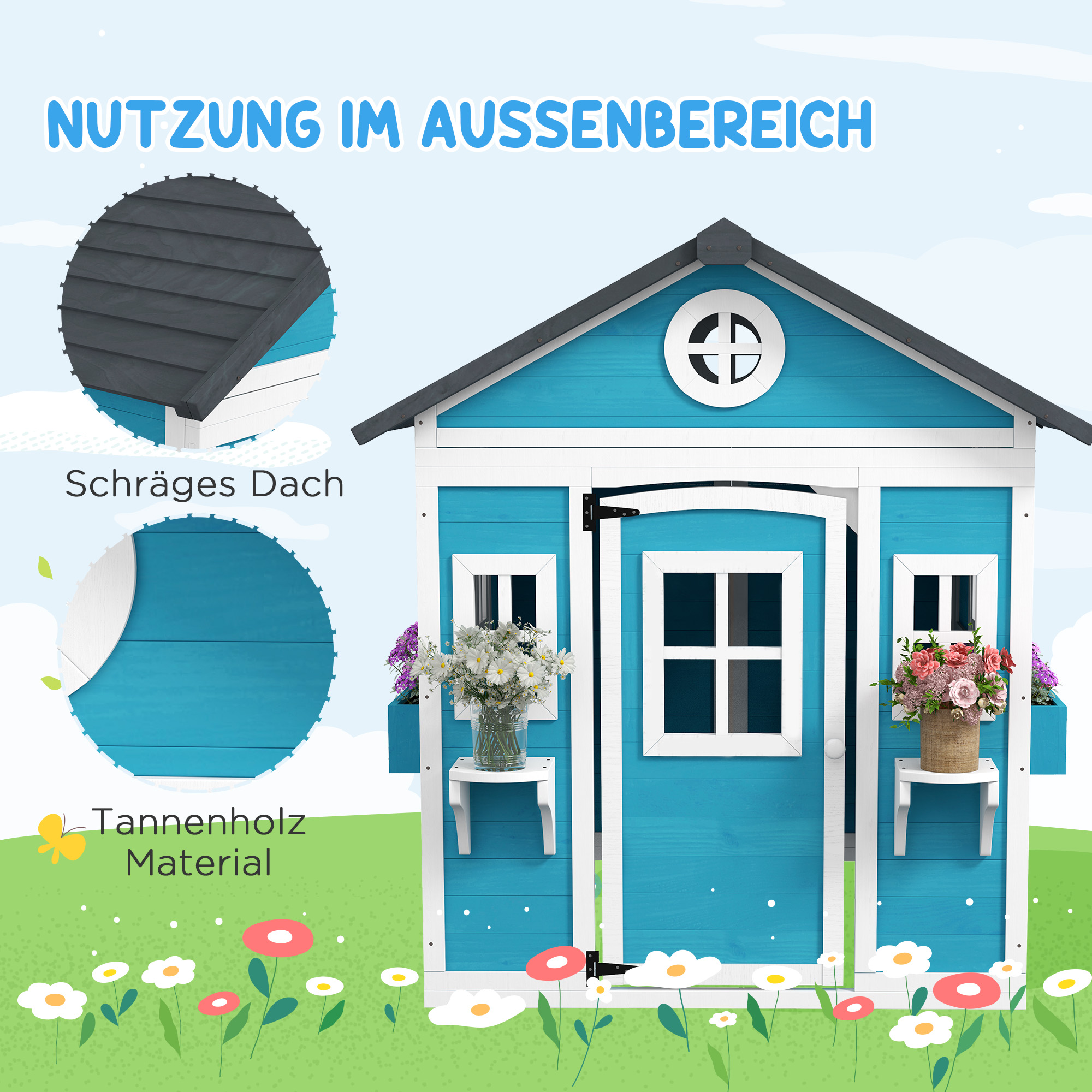 Kinderspielhaus, Holz-Spielhaus für Kinder, Outdoor-Gartenspielhaus mit Fenstern, Blumentöpfe, 3-8 Jahre, Blau