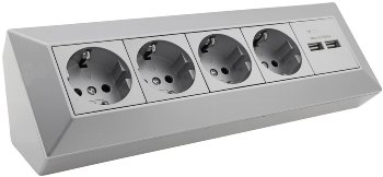4-fach Steckdosenblock + 2x USB, silber, 250V~/ 16A, Aufbaumontage, USB 3,1A 4-fach Steckdosenblock + 2x USB, silber, 250V~/ 16A, Aufbaumontage, USB 3,1A