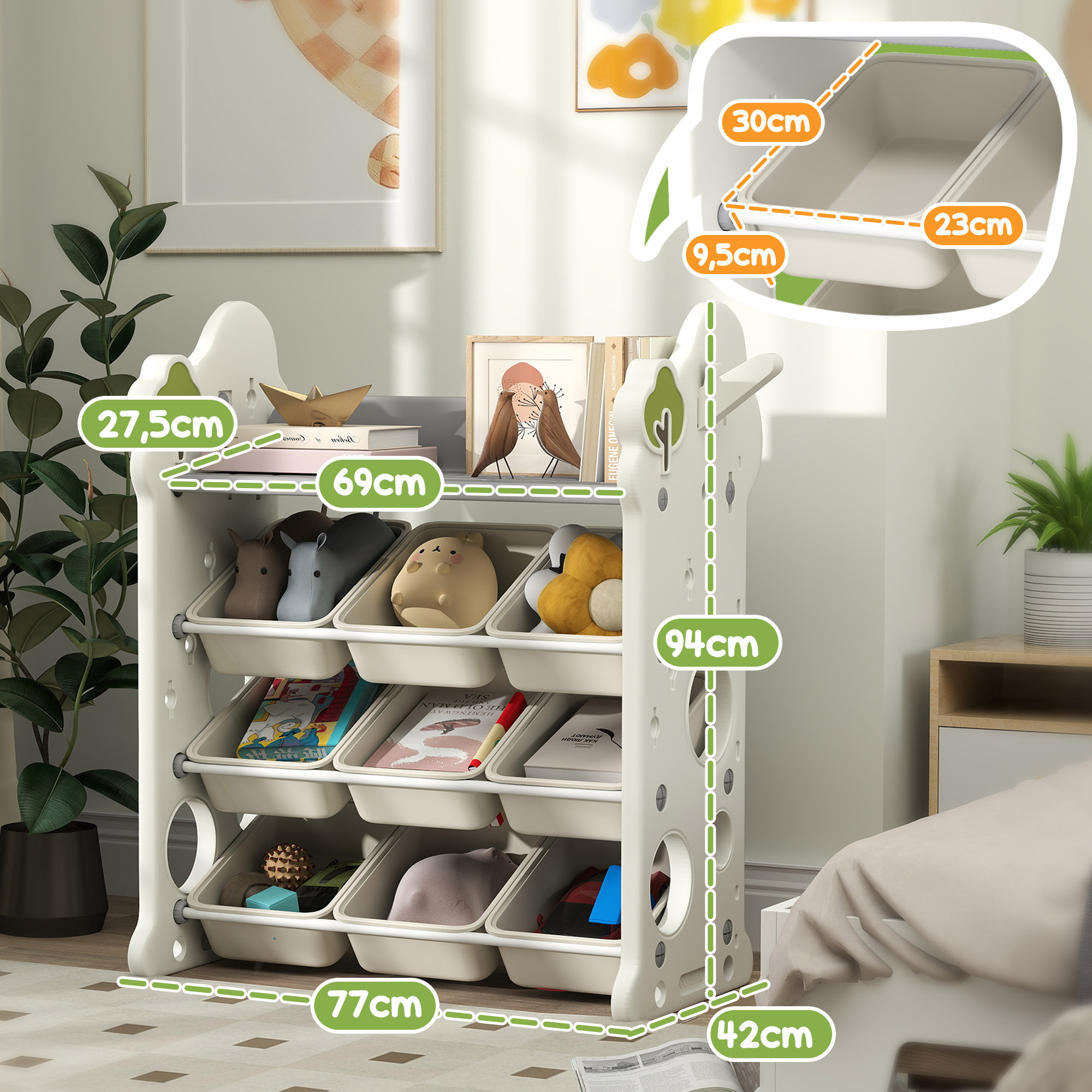 Kinder-Aufbewahrungsregal mit 9 Behältern, für Spielzeug und Bücher, Kinderzimmer, Kindergarten, Kunststoff, Cremeweiß