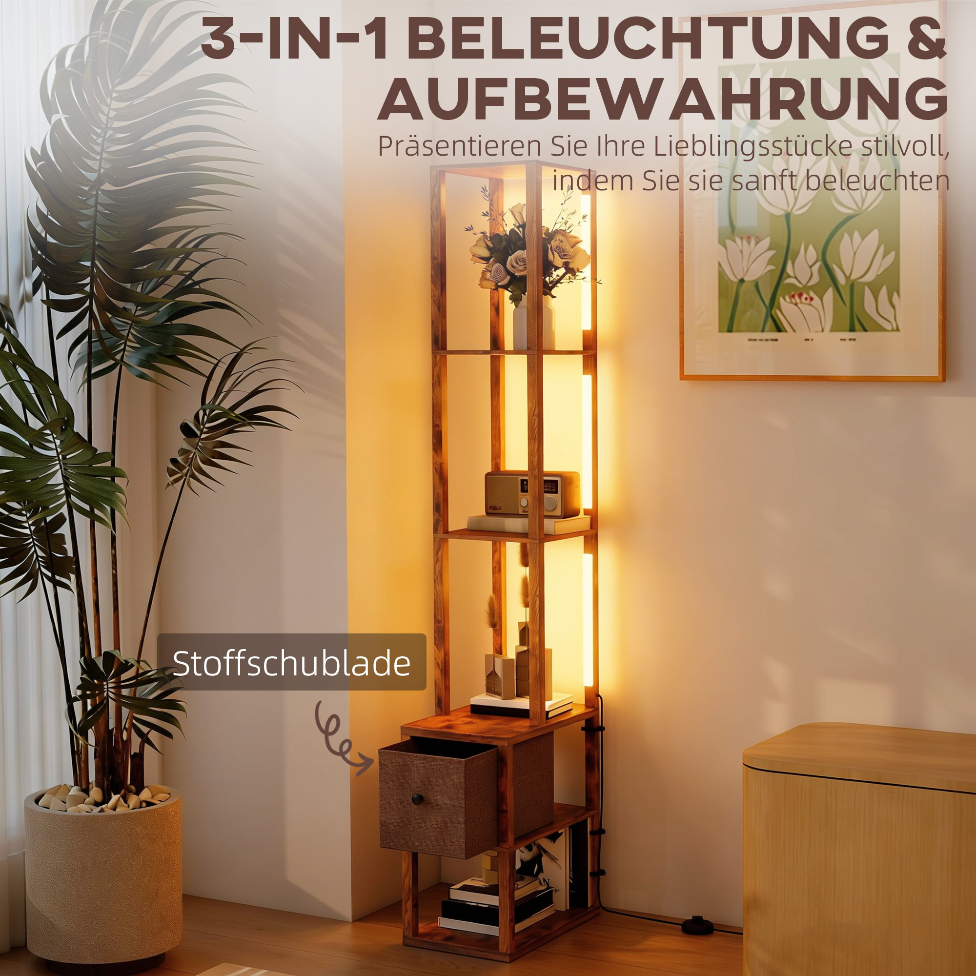 LED-Stehlampe mit Regalen, einstellbare Helligkeit, Fußschalter für Schlafzimmer, Rustikales Braun