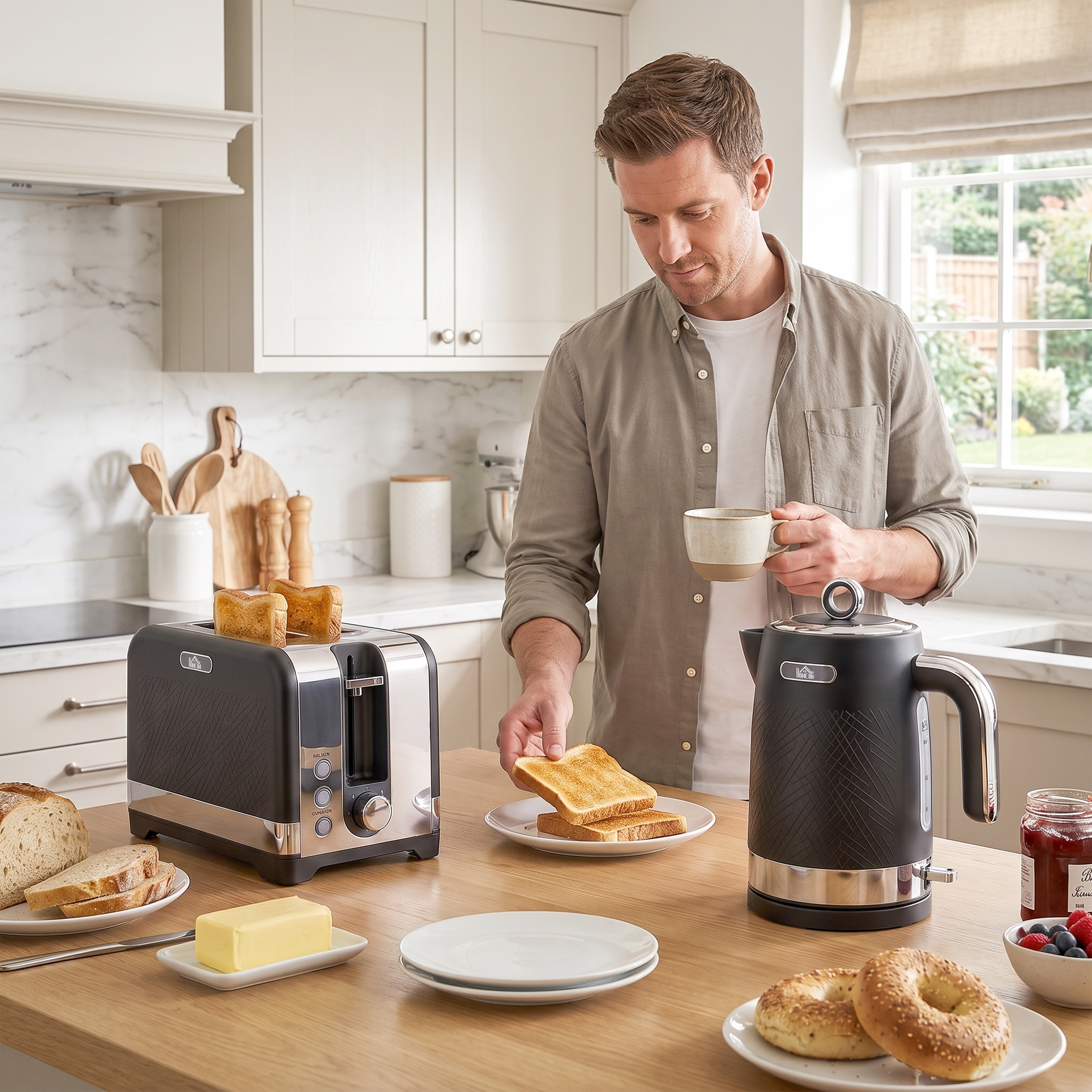 Wasserkocher- und Toaster-Set, 1,7 l 2200 W Schnellkoch-Wasserkocher mit Thermostat, 2-Scheiben-Toaster, Schwarz