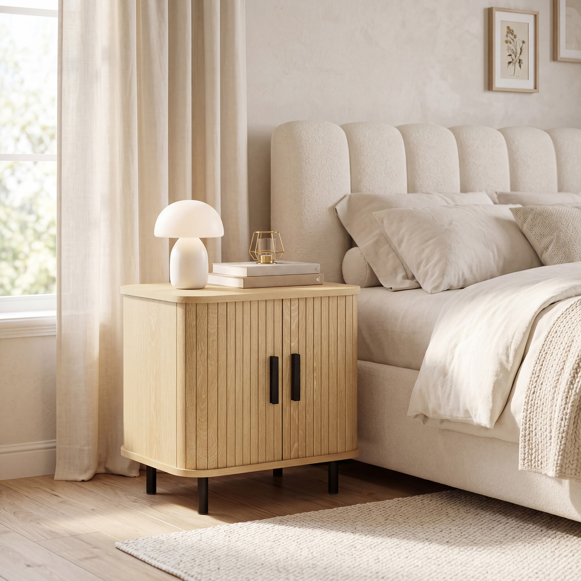 Nachttisch Beistelltisch mit Lamellentüren und Stahlbeinen, für Schlafzimmer und Wohnzimmer, Eiche