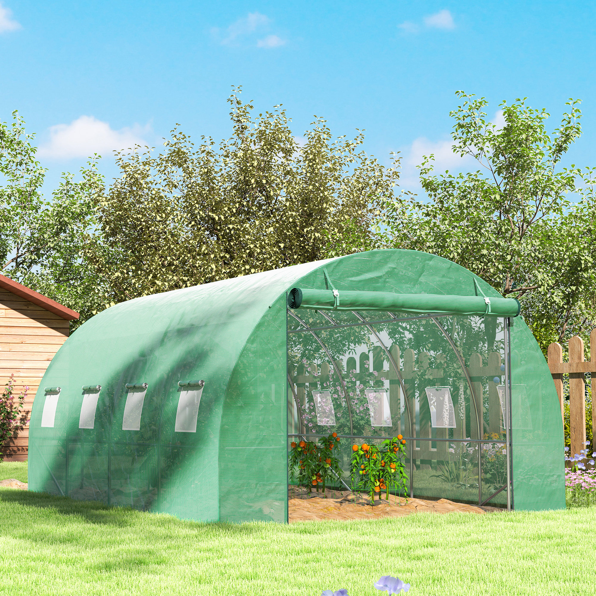 Polytunnel Gewächshaus mit Kunststoff-Abdeckung und Stahlrahmen, begehbares Gewächshauszelt mit Rolltüren, Grün