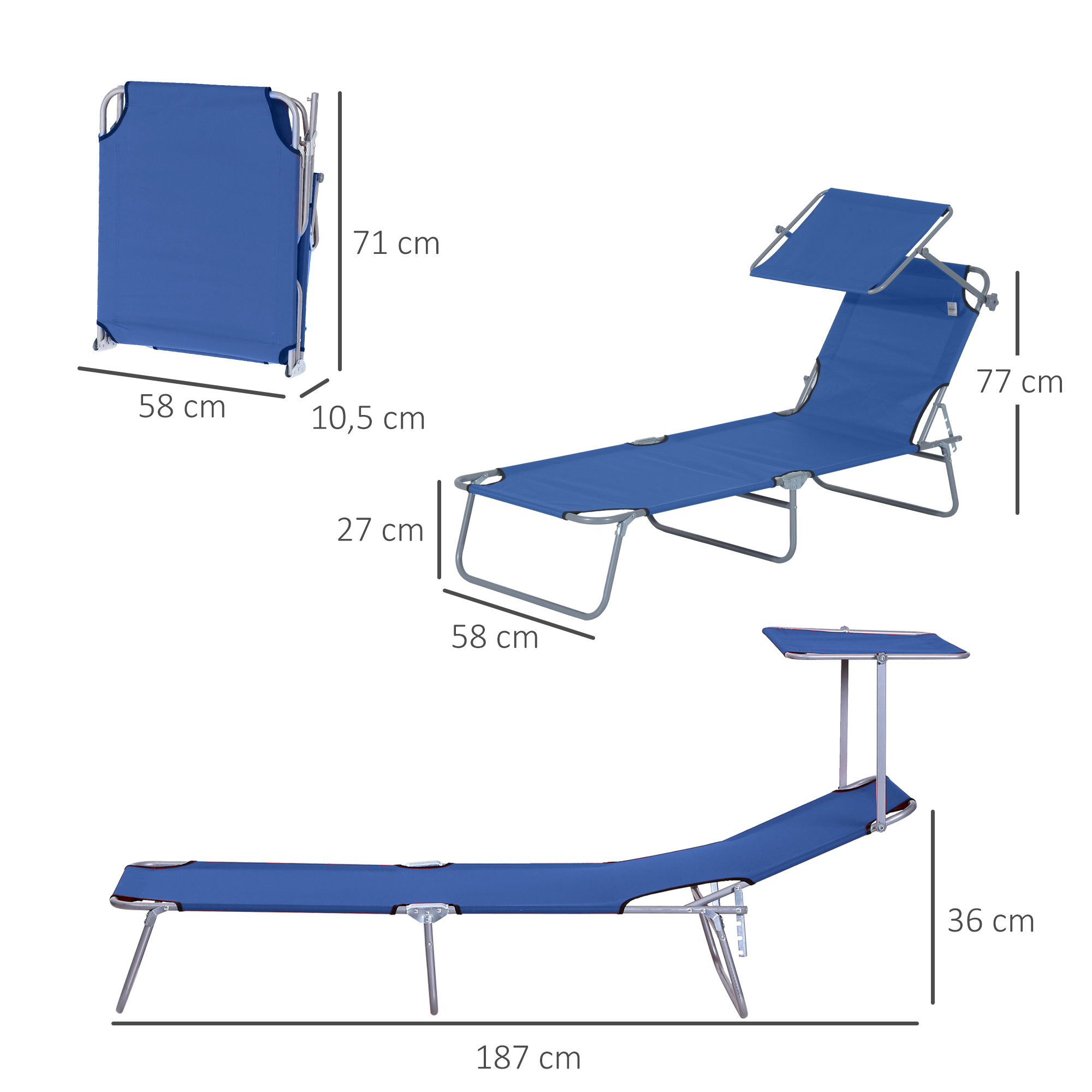 Sonnenliege mit Sonnenschutz, klappbar, verstellbare Rückenlehne, Metallrahmen, 187 x 58 x 36 cm, Blau