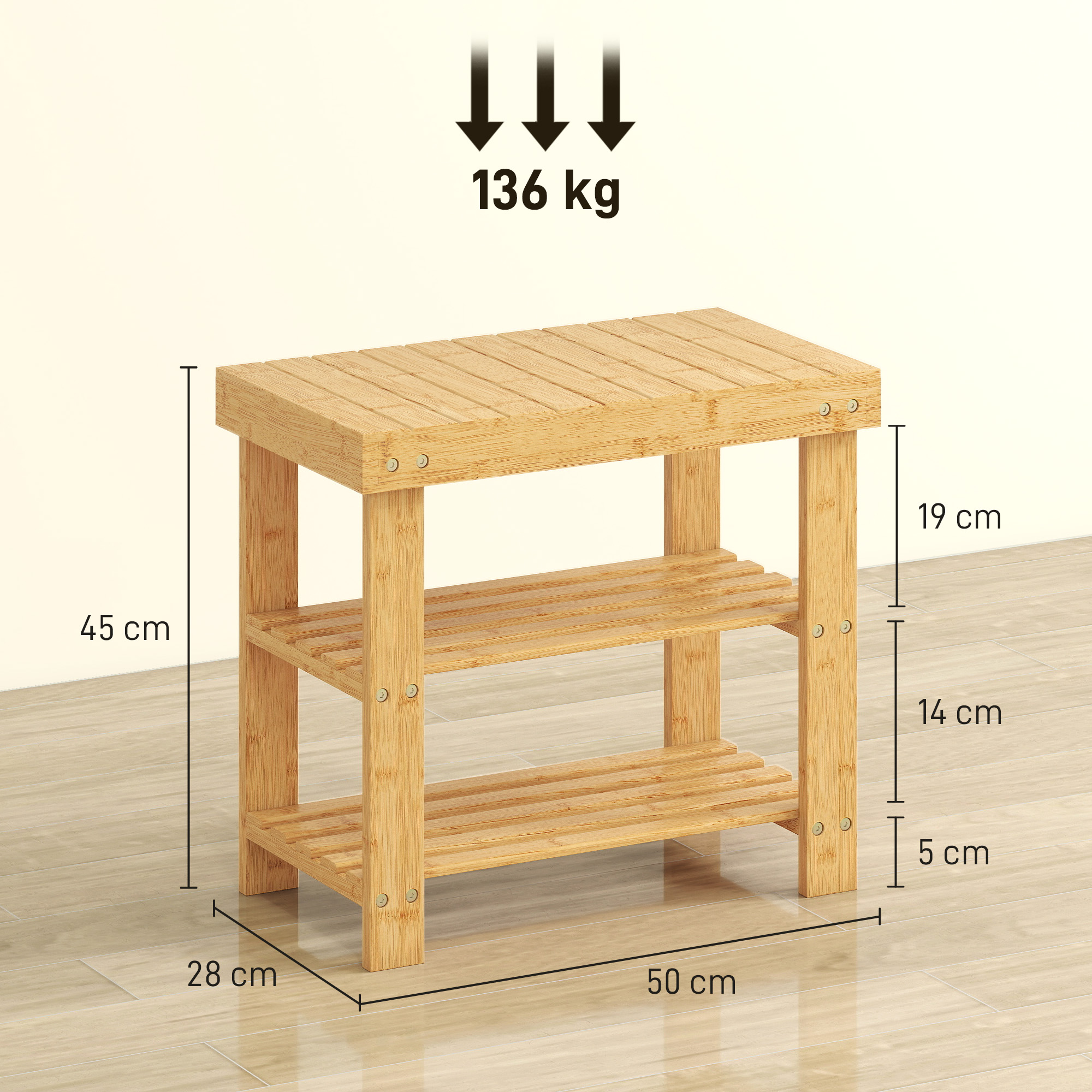 Schuhbank aus Bambus, Schuhregal mit 2 Ablagen, Sitzfläche, für Flur, Eingangsbereich, 50x28x45cm, Natur