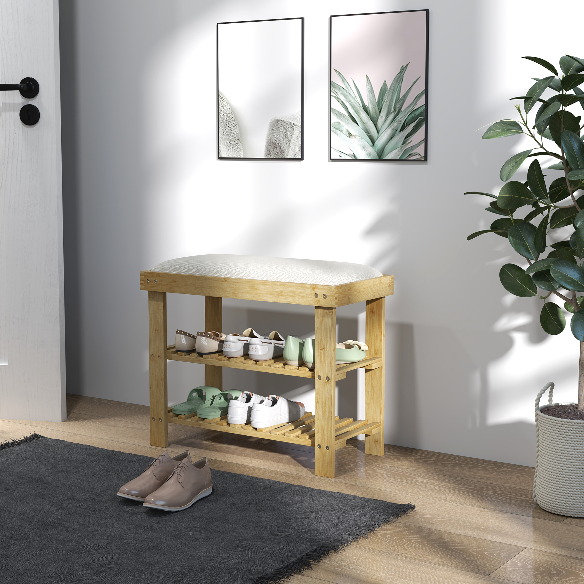 Schuhbank mit Sitzfläche, Bambus Sitzbank mit Stauraum, 2 offene Fächer, Sitzbank 60 x 29 x 49 cm Cremeweiß