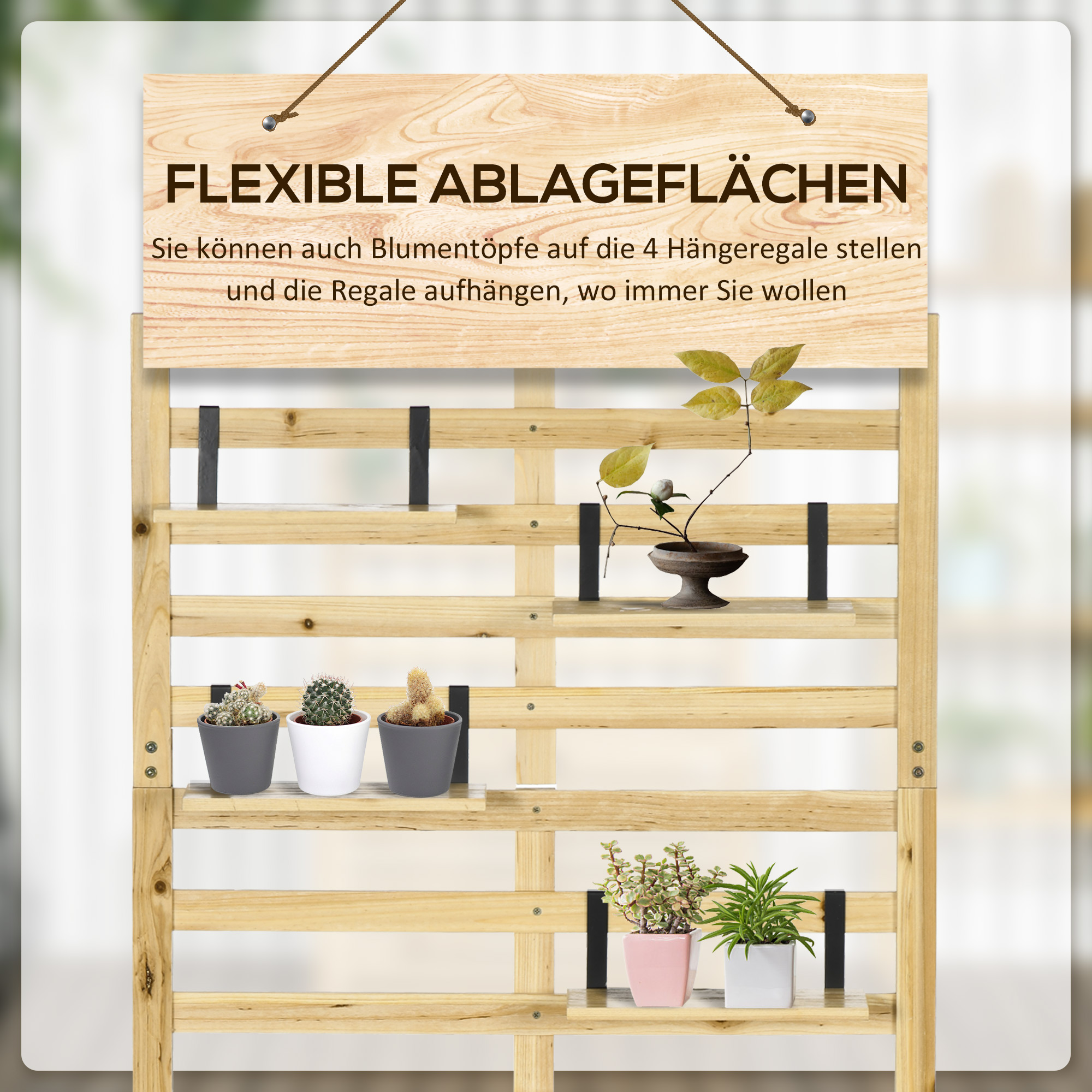 Aufbewahrungsbox mit Spalier, 4 Hängeregale, Magnettür, Massivholz, Natur, 80 x 45 x 160 cm