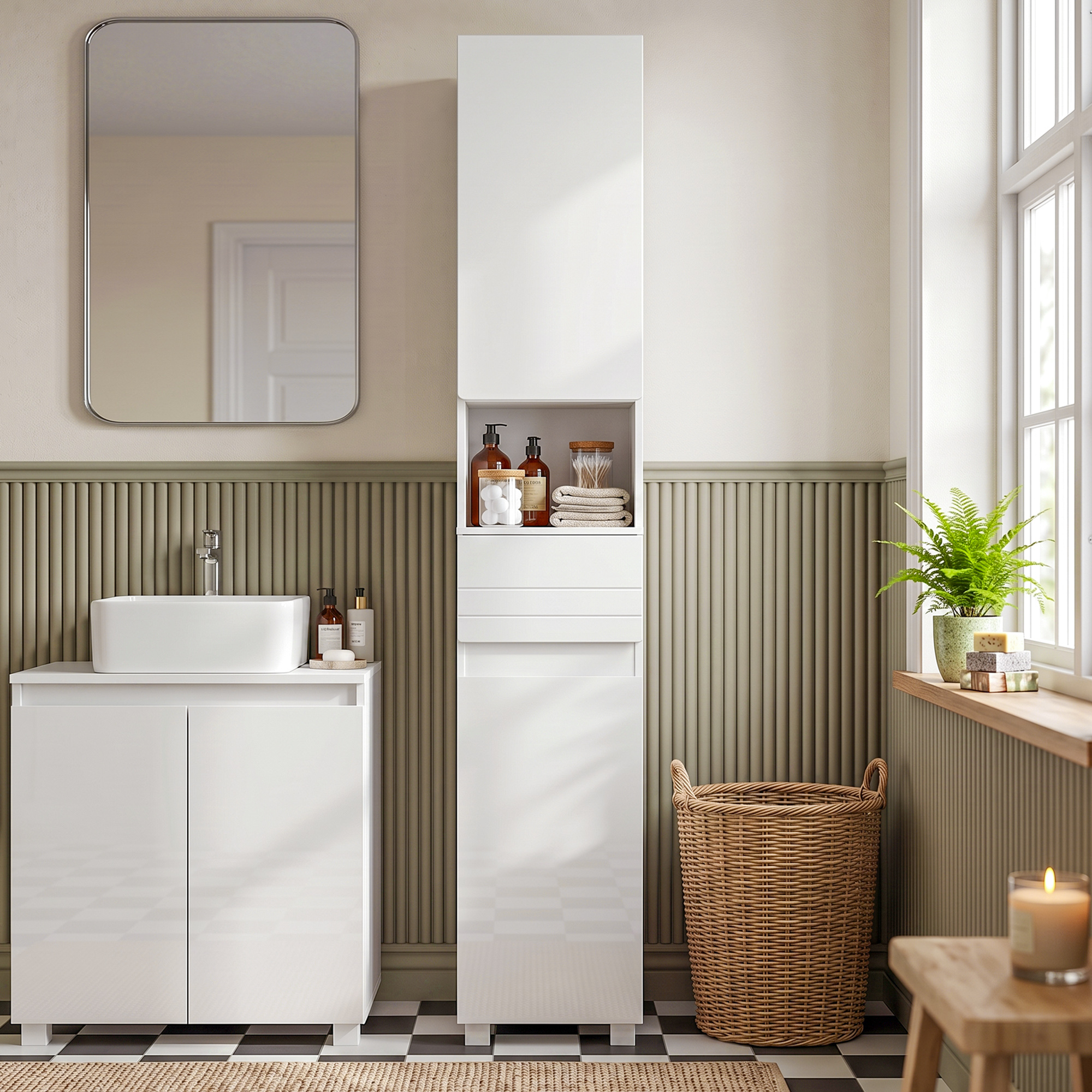 Badezimmerschrank Schmaler Badschrank mit verstellbaren Einlegeböden, 30 x 30 x 170 cm, Weiß