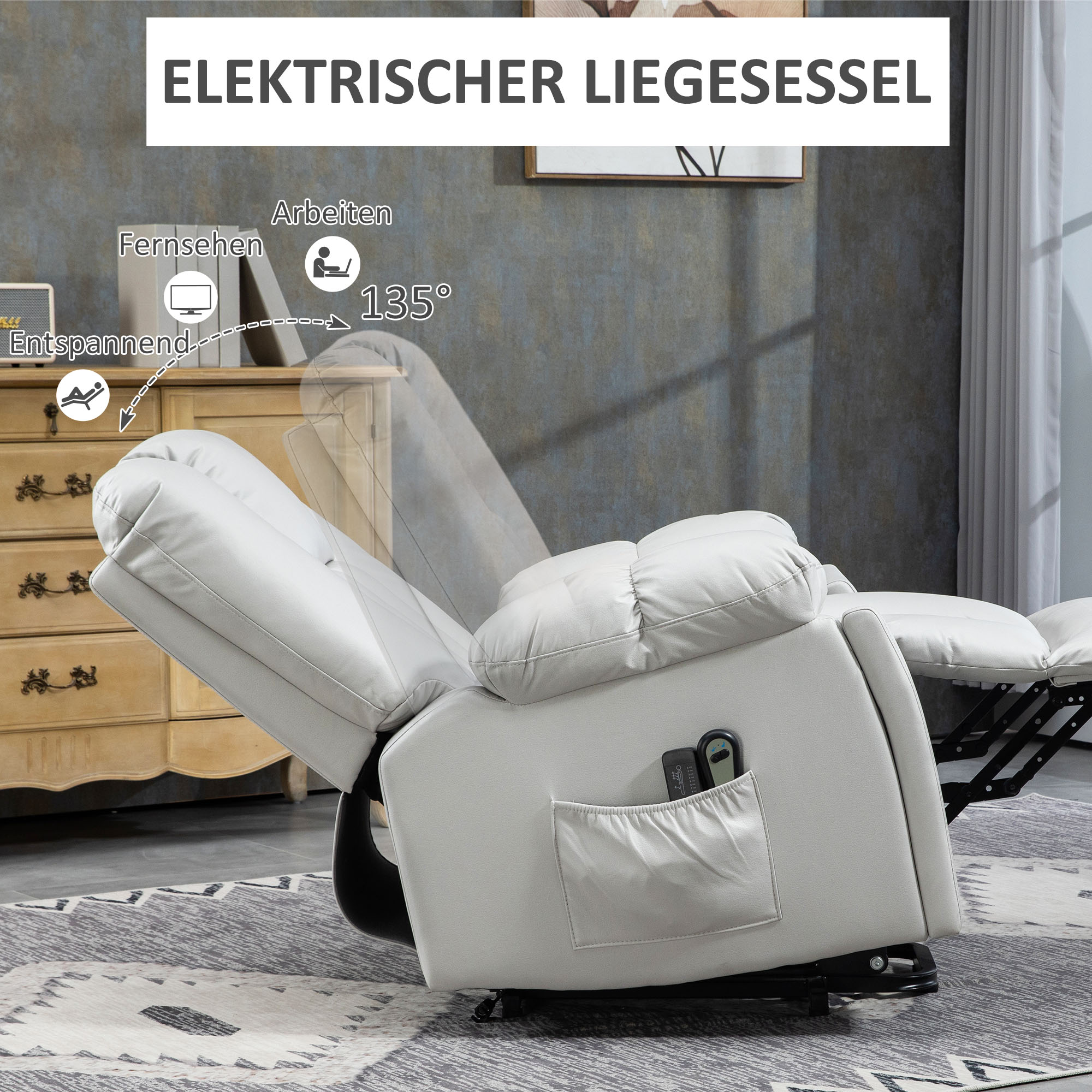 Massagesessel Relaxsessel Seniorensessel, Fernbedienung, Seitentaschen, 94 cm x 96 cm x 106 cm, Grau