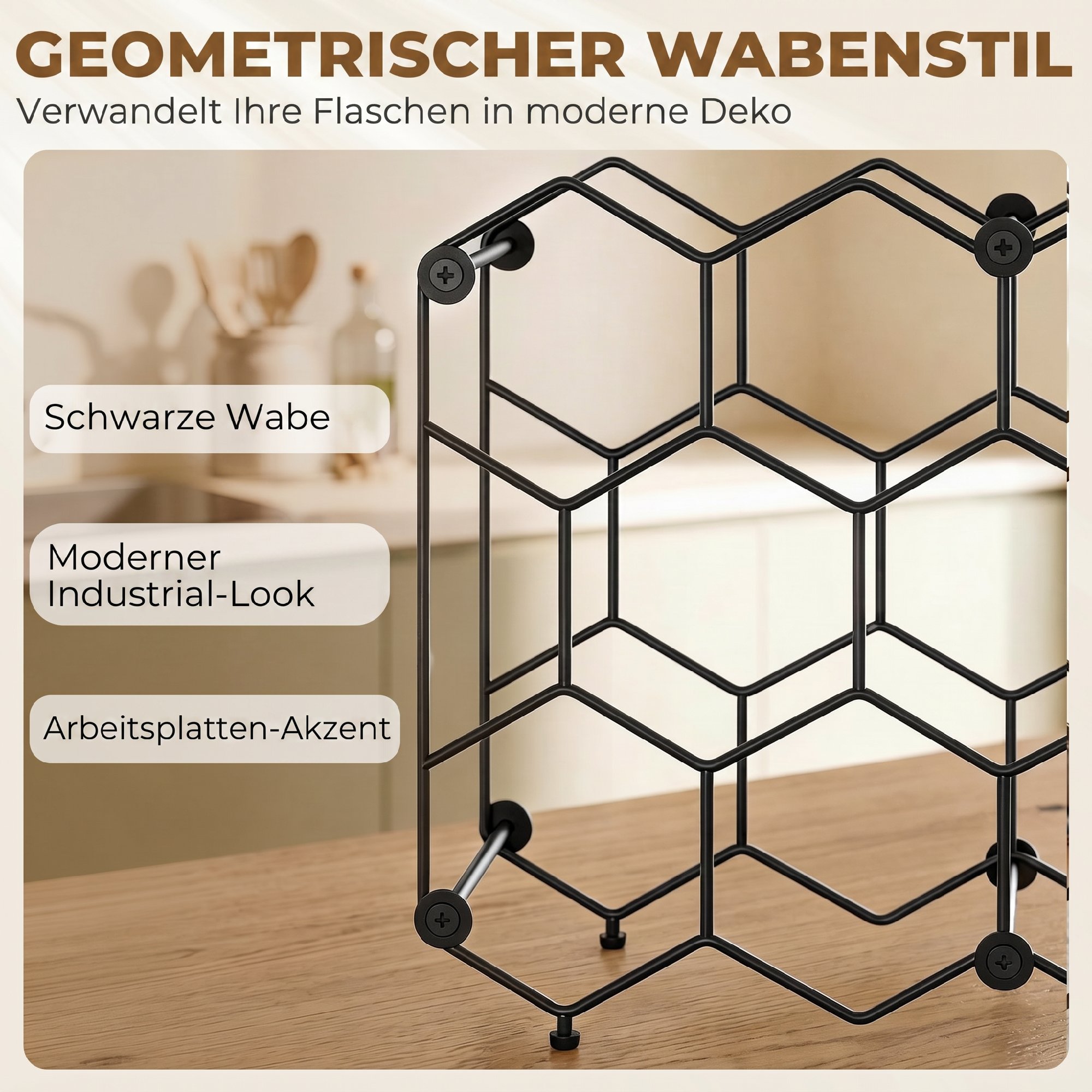 Weinregal für 13 Flaschen Flaschenregal mit Wabendesign Verstellbaren Füßen Kippschutz Metall 43 x 15,5 x 31 cm Schwarz