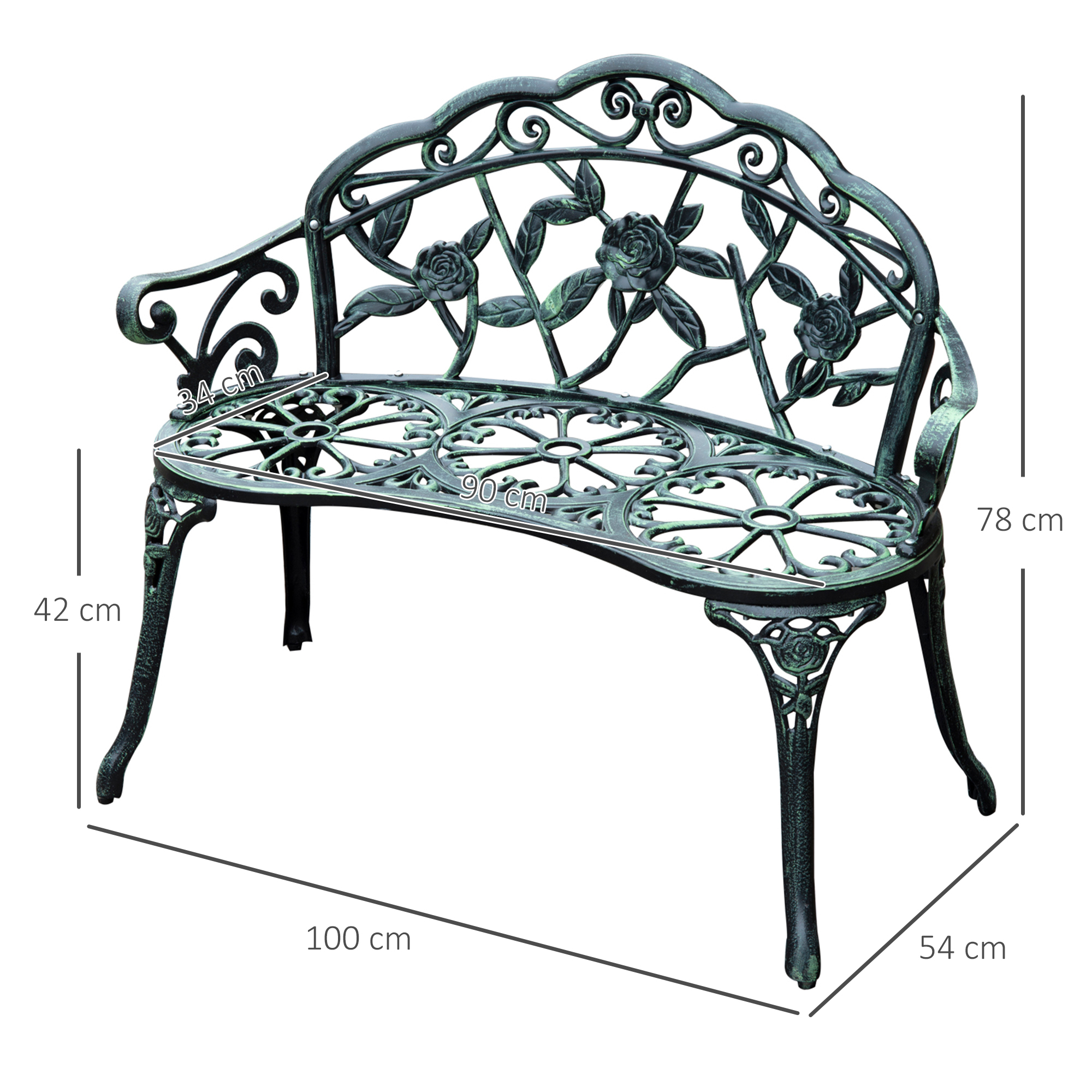 2-Sitzer Gartenbank robust Parkbank Sitzbank mit Rückenlehne Bank 240kg belastbar Gartenmöbel 100 x 54 x 78 cm Antik Grün