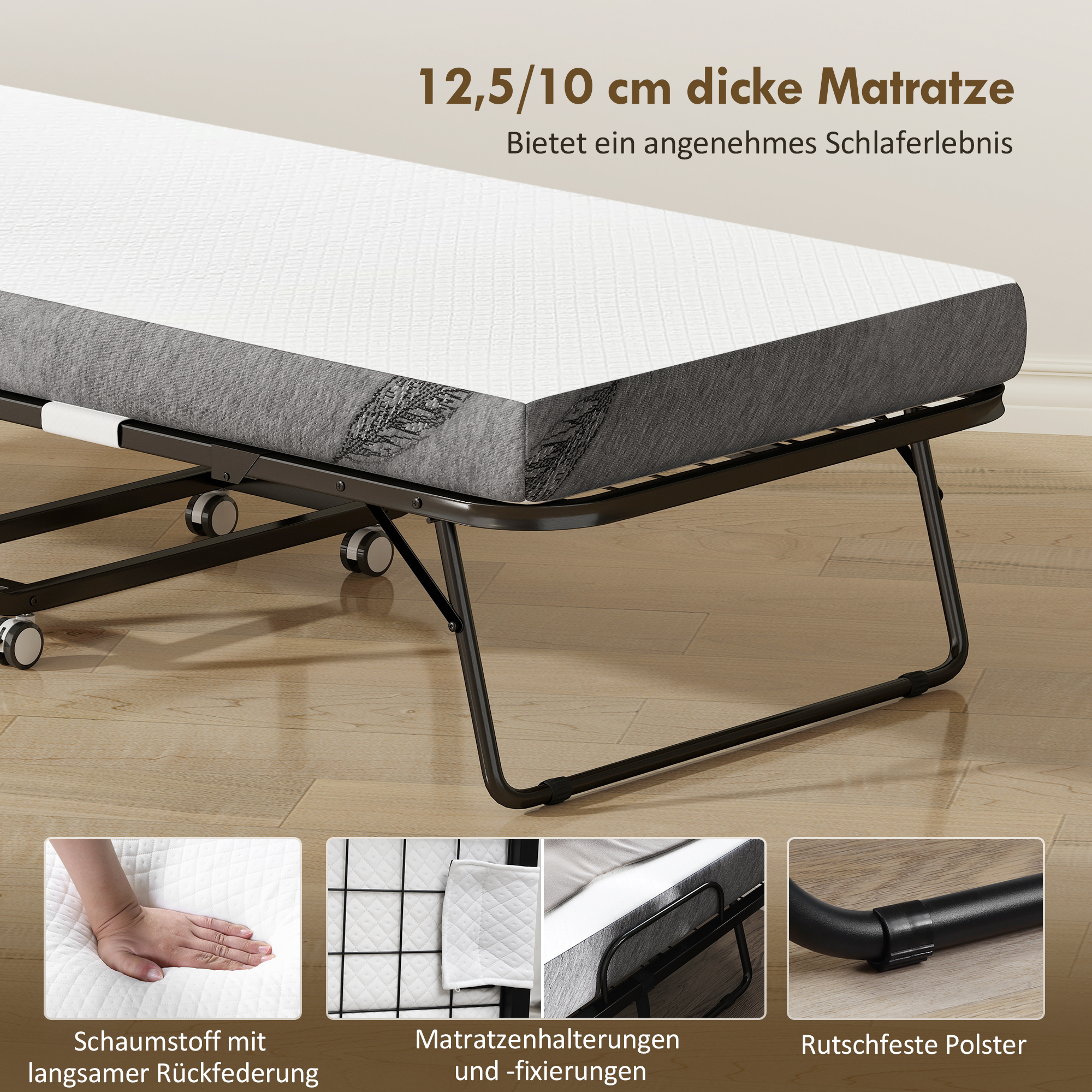 Klappbett 80x200 cm Erwachsene Gästebett Klappbar mit 10cm Dicker Schaumstoff Reisebett mit Stahlrahmen Feldbett mit Rollen bis 150 kg belastbar Einzelbett