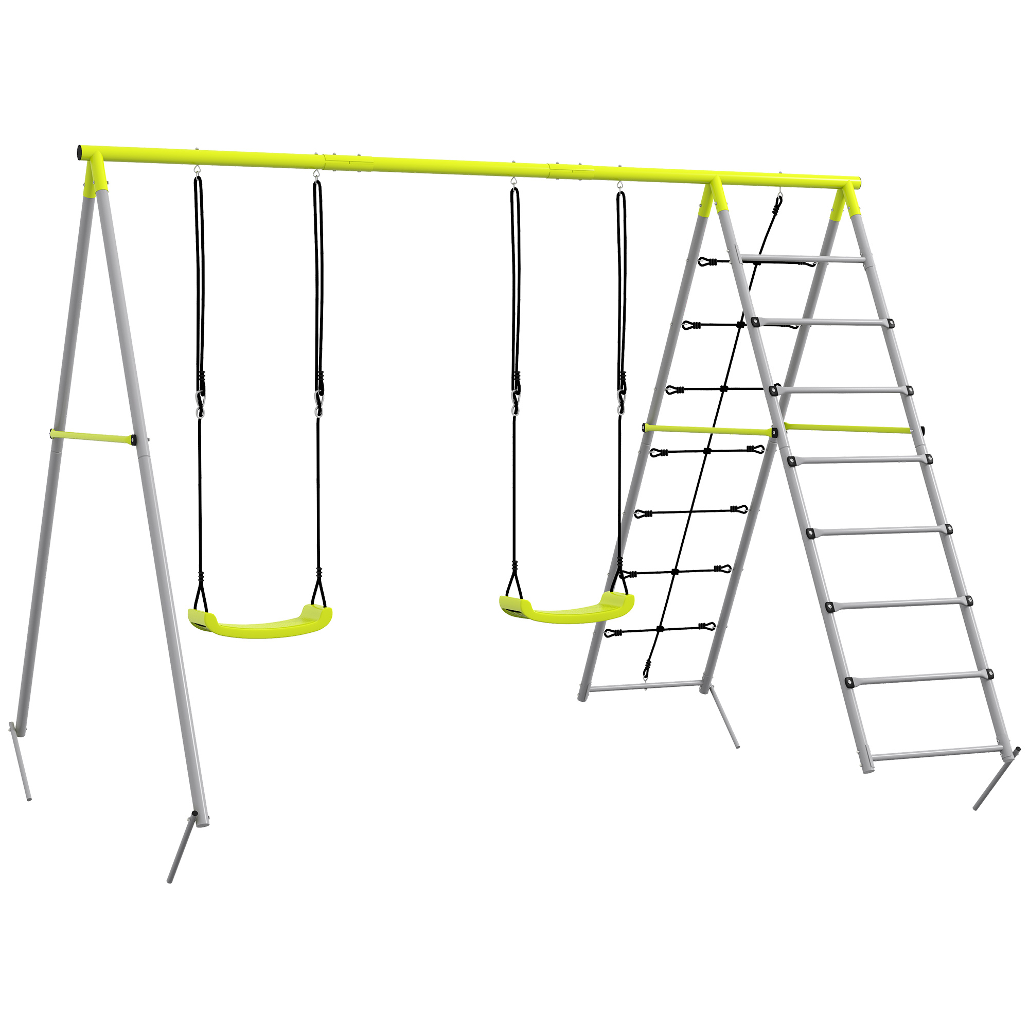 Kinderschaukel-Set, mit Kletternetz und Sprossenleiter, für Kinder 3-8 Jahre, Stahlgestell, Grün Kinderschaukel-Set, mit Kletternetz und Sprossenleiter, für Kinder 3-8 Jahre, Stahlgestell, Grün