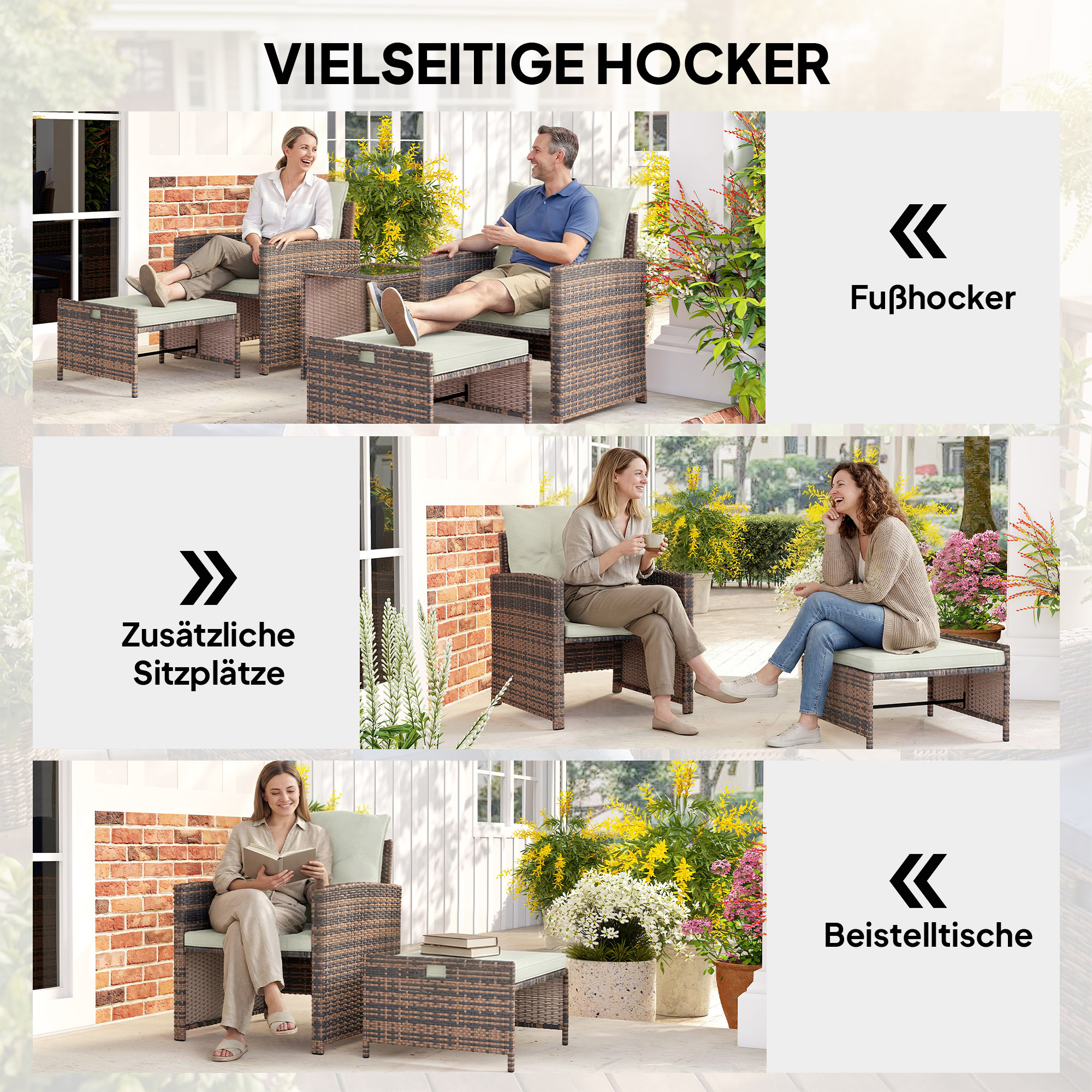 Rattan Gartenmöbel Set 5-teiliges Balkonmöbel Set mit 2 Stühle Kissen Hocker Tisch Staufach Cremeweiß