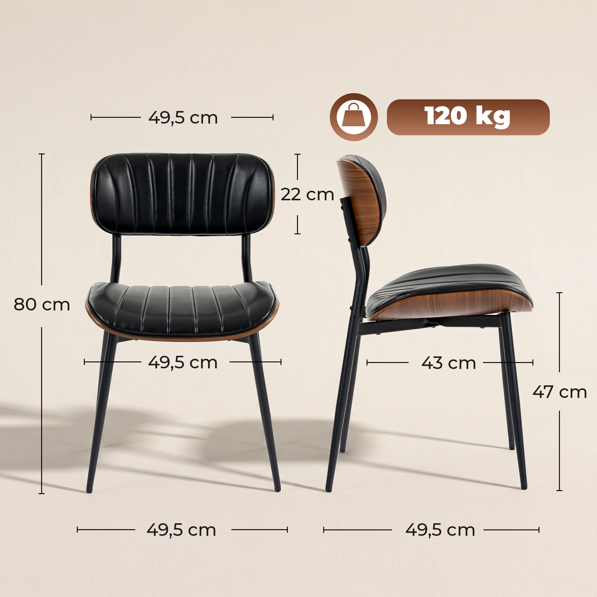 Esszimmerstühle 2er Set Küchenstühle Moderne Polsterstuhl mit Sitzfläche aus Kunstleder, Geschwungener Rückenlehne