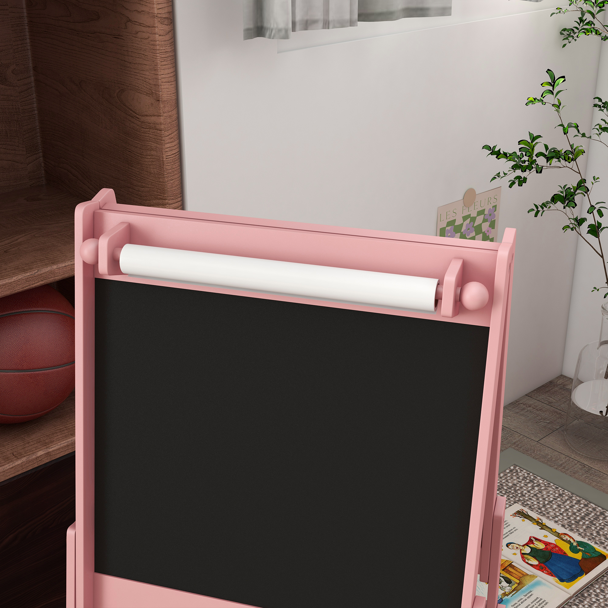 3-in-1 Kinder Staffelei mit Papierrolle, Kreidetafel, Whiteboard, Aufbewahrungskörbe, 54 x 46,5 x 93 cm, rosa