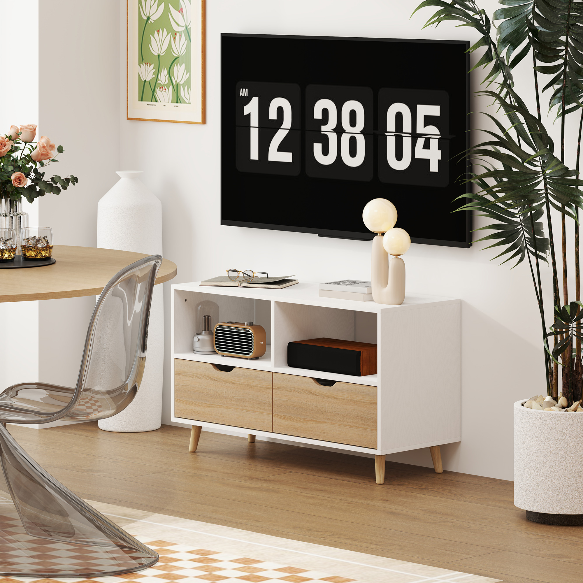 TV-Schrank, TV-Kommode mit Schubladen, Offene Regale, Holz, 99 x 39 x 58 cm, Weiß