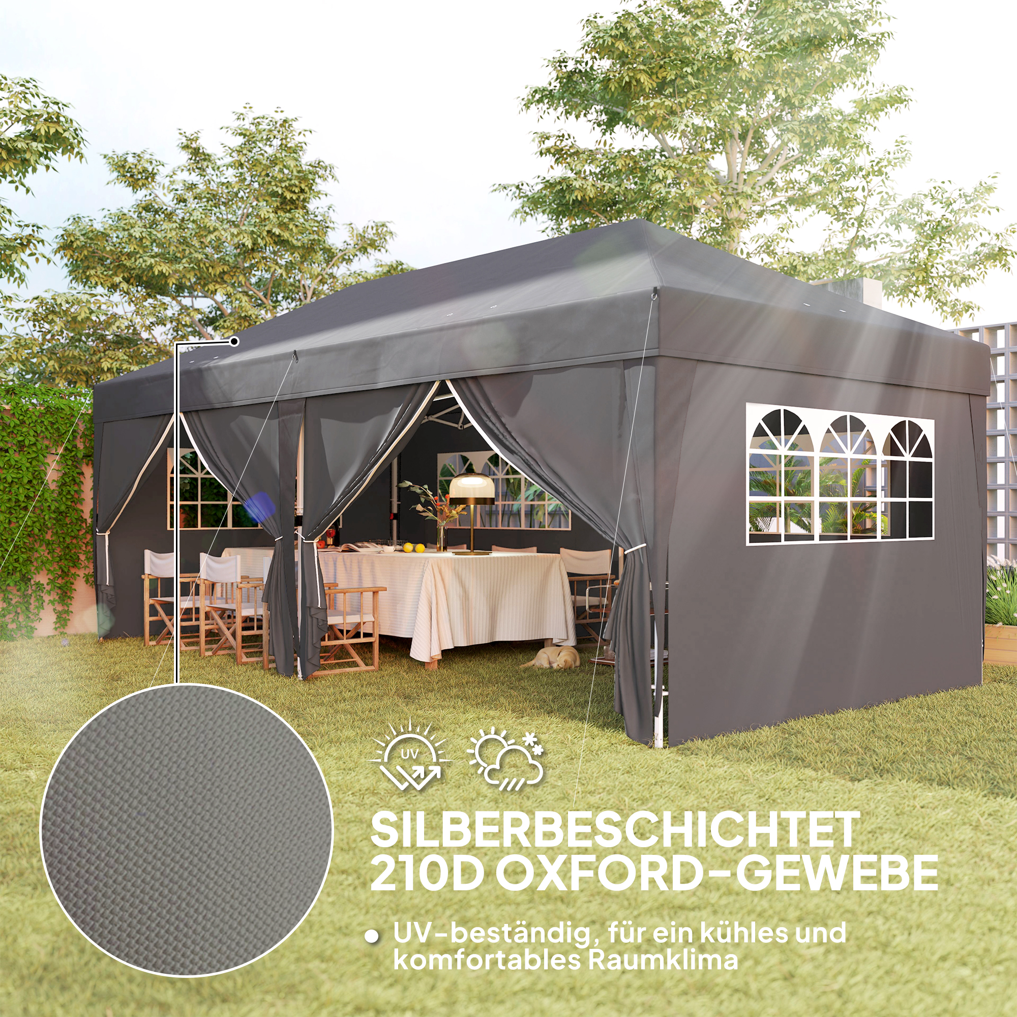 Pavillon ca. 6x3m Stabil Winterfest Pop-up Faltpavillon mit Fenster Reißverschlusstür Seitenteilen UV Schutz