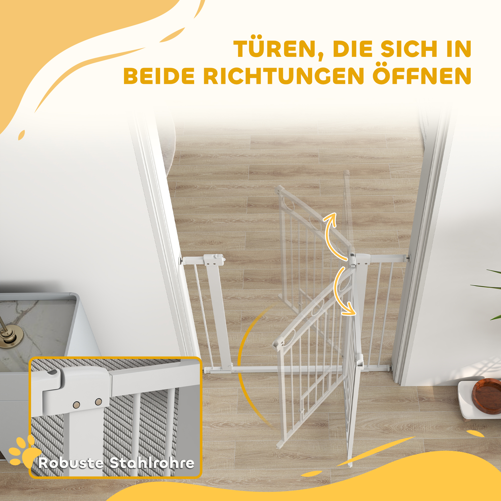 106 cm hohes Haustiergitter mit anpassbarer Breite, integrierte Katzentür, für Treppen und Türrahmen, Weiß